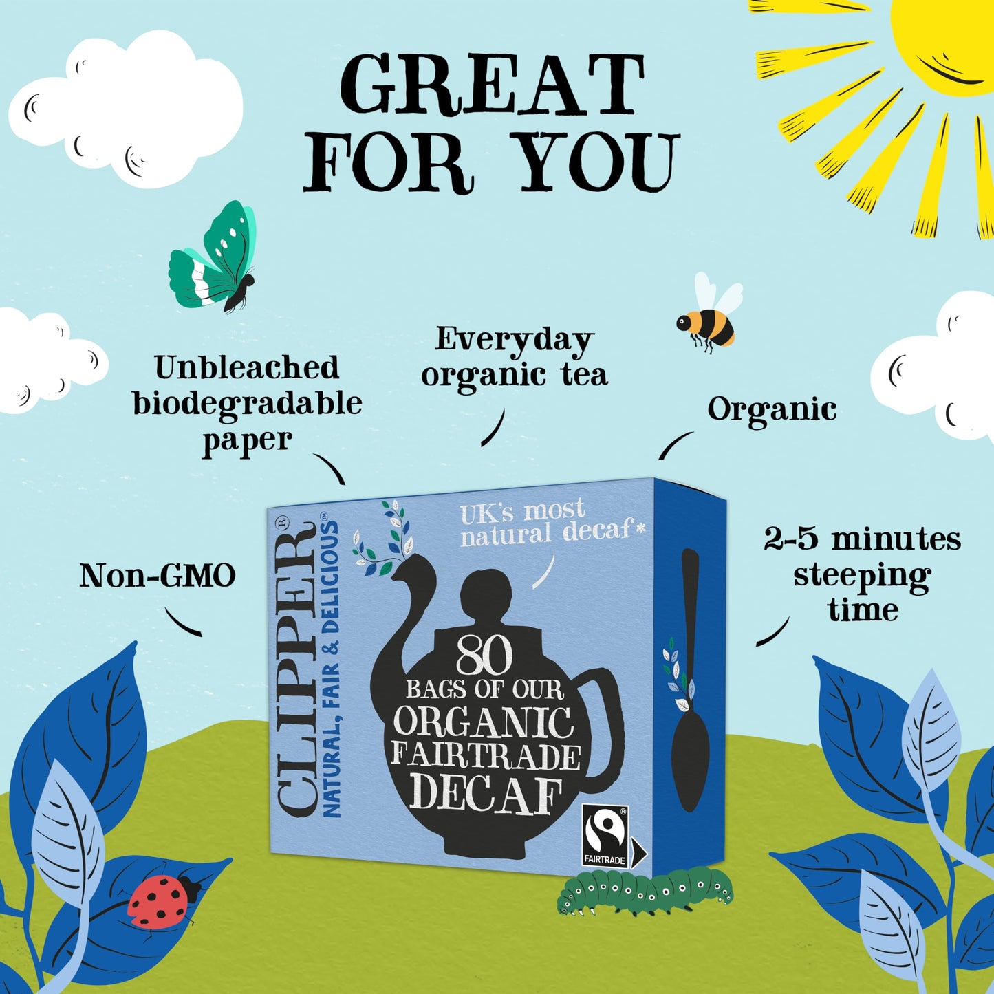 Clipper Tea Organic Decaf, Fairtrade, 80 Unbleached Plastic-Free Bags, 8.2 oz - Natural, Fair & Delicious Tea, 1 Pack