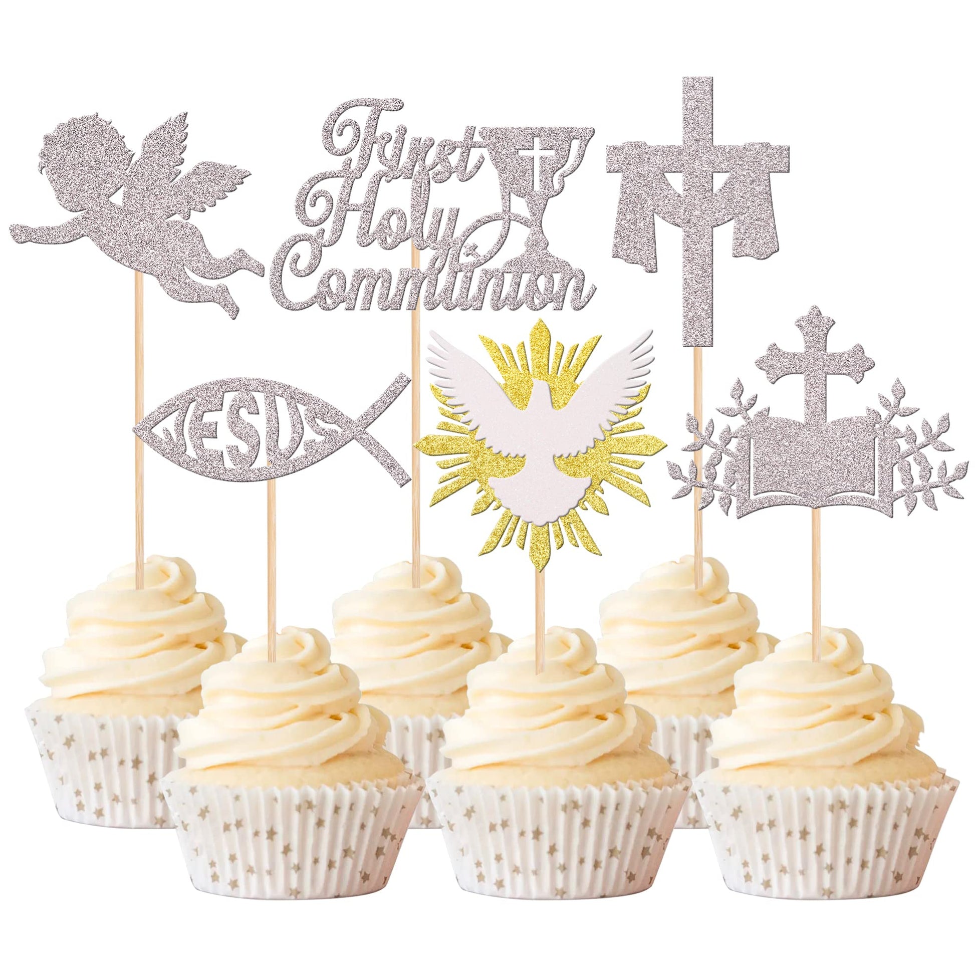 Rsstarxi Cupcake Toppers 24 Pack, First Holy Communion, Cross Dove Angel, Silver, Model XM279-silver