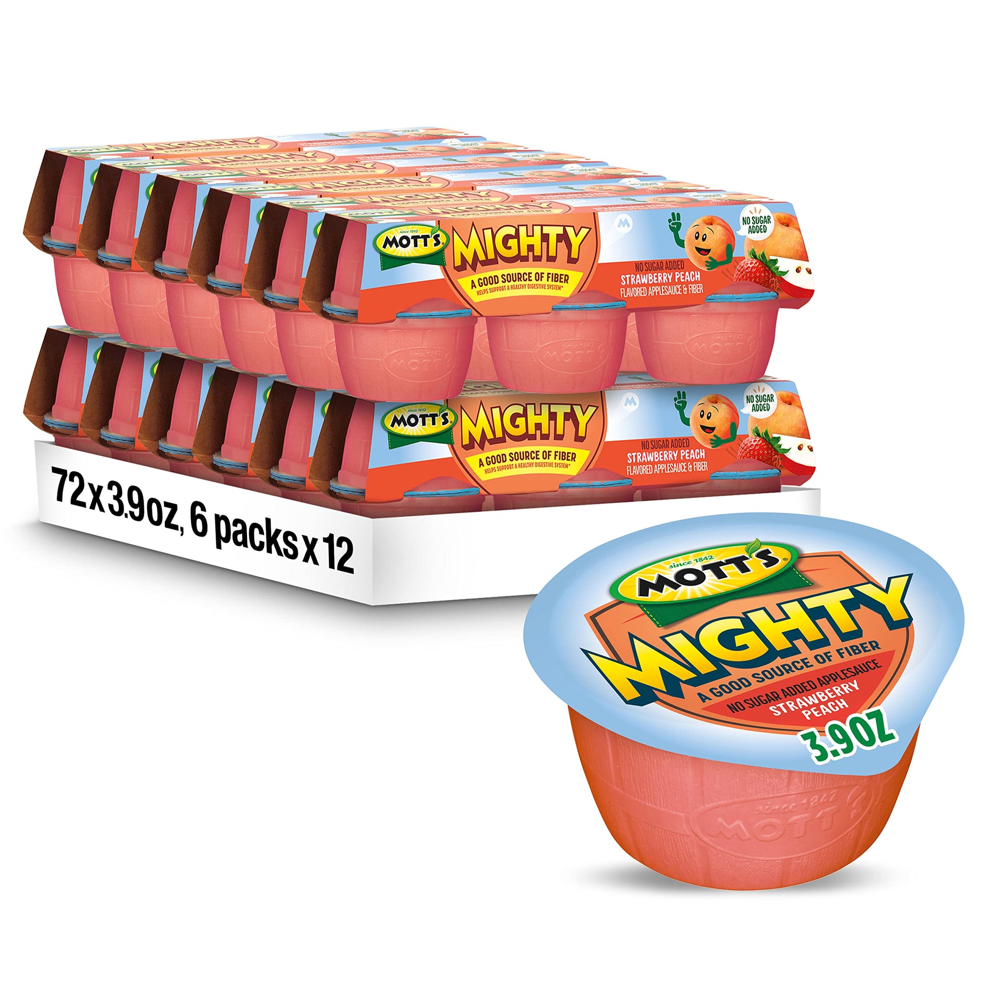 Mott'S Mighty Strawberry Peach Applesauce, 3.9 Oz Cups, 72 Count (12 Packs Of 6), No Sugar Added, Good Source Of Fiber, Supports