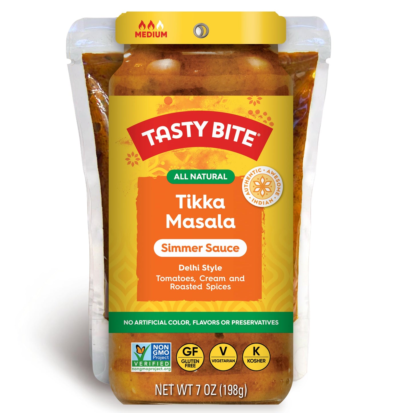Tasty Bite Delhi Style Tikka Masala Simmer Sauce, 7-Ounce 5-Pack, 3-4 Servings Per Pouch, Vegetarian, Kosher, Non GMO