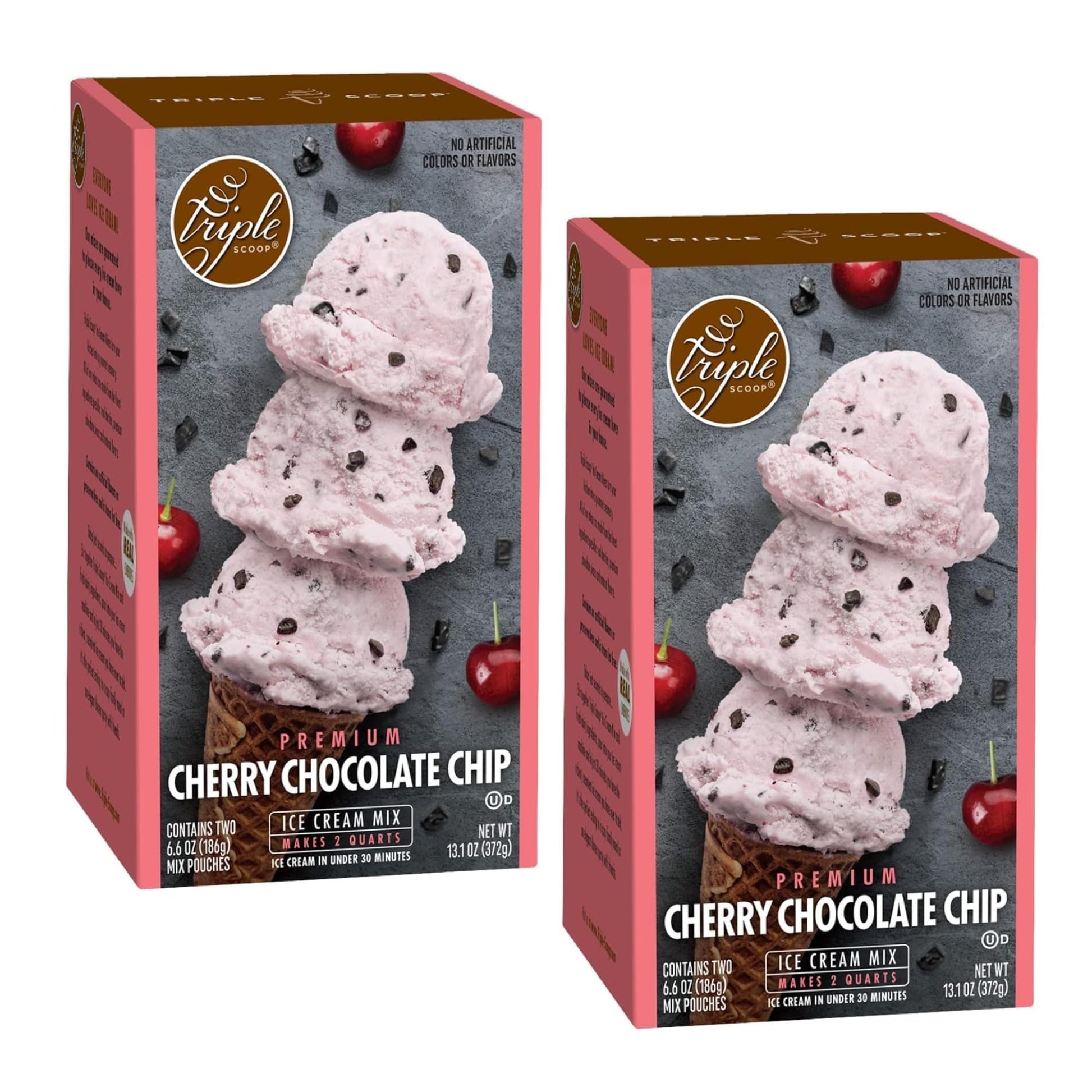 Triple Scoop Premium Cherry Chocolate Chip Ice Cream Starter Mix, 2 Boxes (13.1 oz each), Makes 4 Quarts, Made in USA