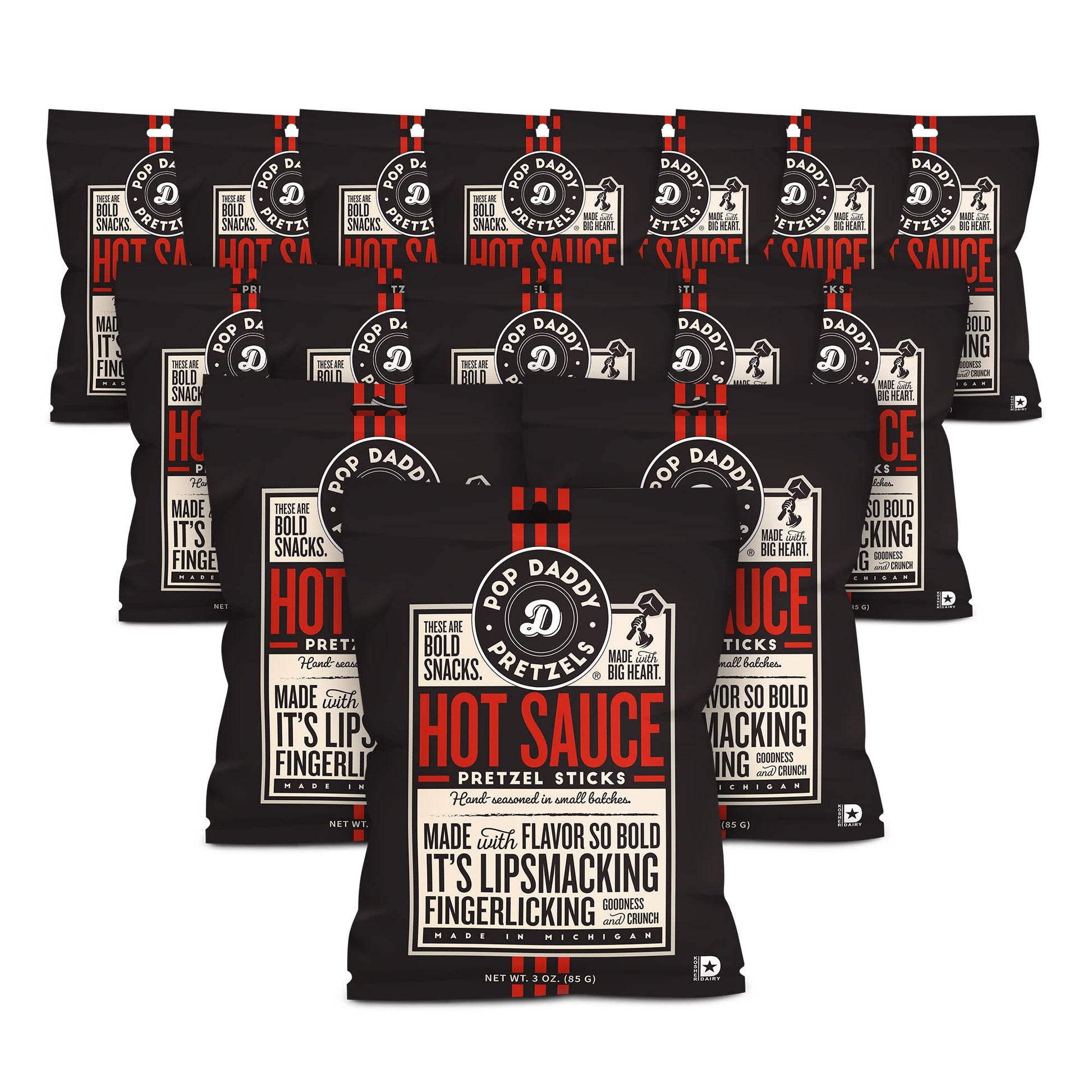 Pop Daddy Flavored Pretzels Sticks, Hot Sauce Flavor, 3oz Healthy Gourmet Pretzels Snacks, 15 Pack