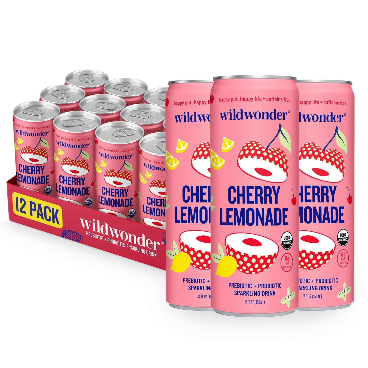 NEW! wildwonder Sparkling Probiotic Drink 12pk  For Gut Health & Immune Support  Cherry Lemonade  5g Prebiotic Fiber  Live Probiotics  Organic  Vegan  Low Sugar  12 Pack  12oz Can  Seen on Shark Tank