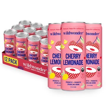 NEW! wildwonder Sparkling Probiotic Drink 12pk  For Gut Health & Immune Support  Cherry Lemonade  5g Prebiotic Fiber  Live Probiotics  Organic  Vegan  Low Sugar  12 Pack  12oz Can  Seen on Shark Tank