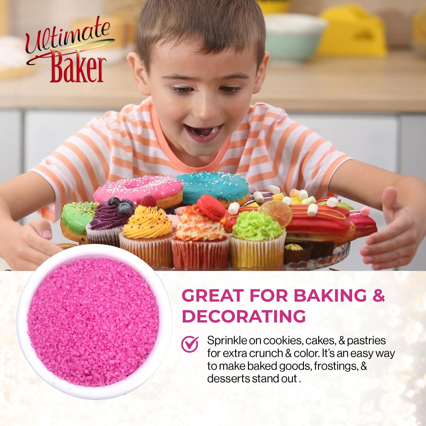 Ultimate Baker - Sanding Sugar, Pink - Vibrant Color Baking & Decorating Sugar With Premium Texture For Desserts & Confections -