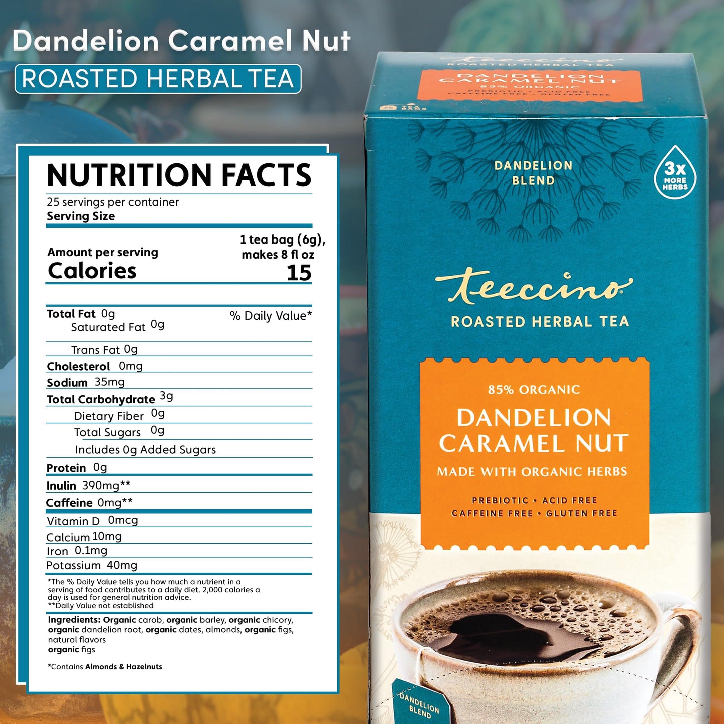 Teeccino Dandelion Caramel Nut Herbal Tea - Caffeine Free, Gluten Free, 25 Tea Bags