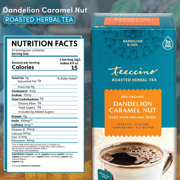 Teeccino Dandelion Caramel Nut Herbal Tea - Caffeine Free, Gluten Free, 25 Tea Bags