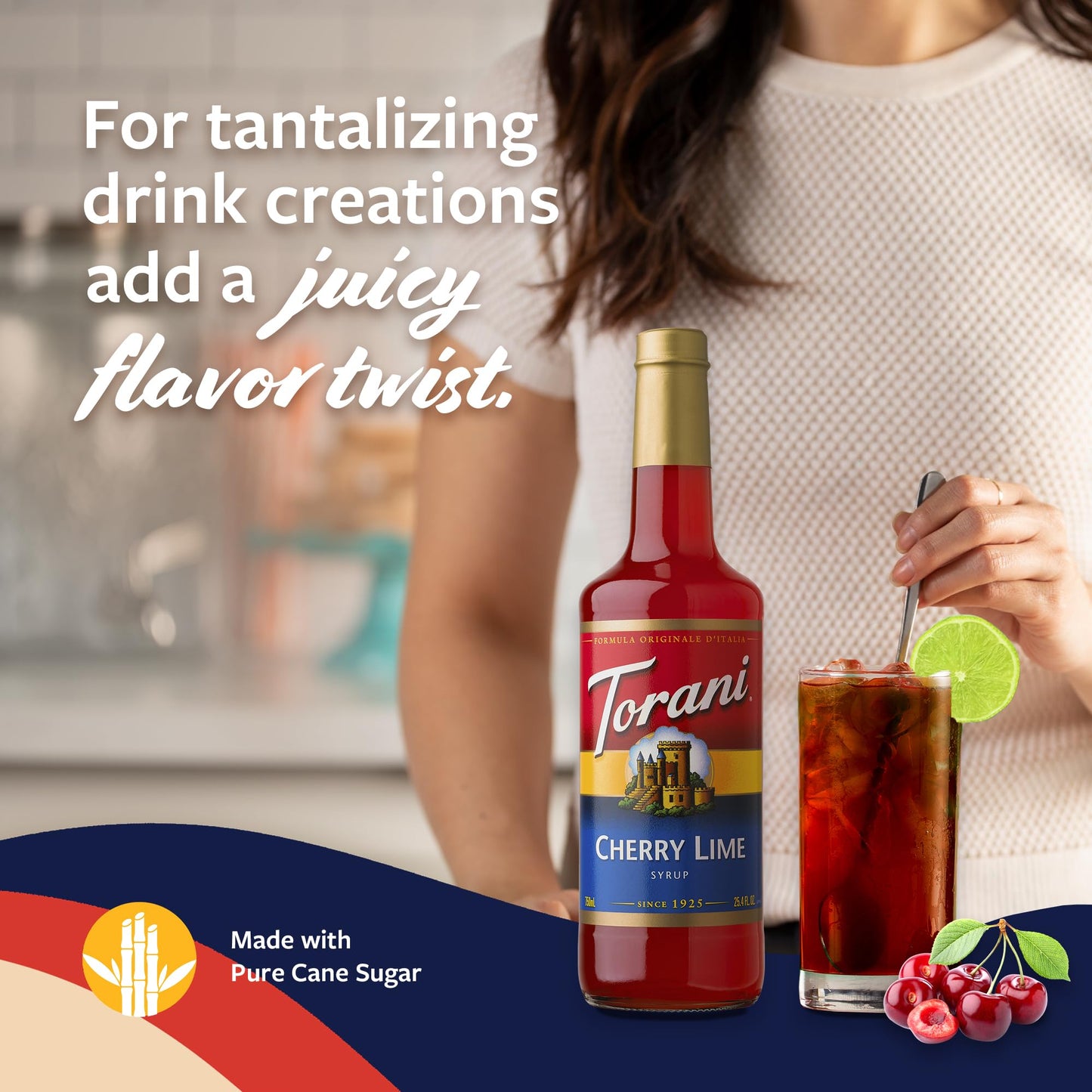 Torani Cherry Lime Syrup For Drinks, Flavoring For Iced Tea, Lemonade, Sodas, And Cocktails, Glass Bottle With Pump Included, 25