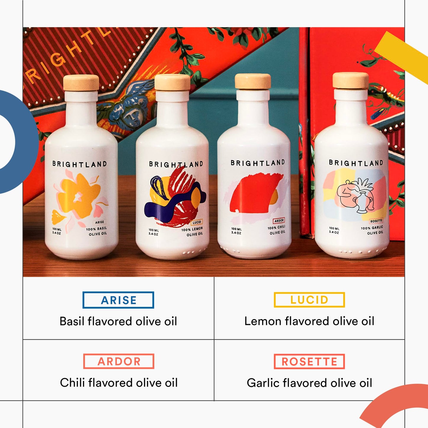Brightland The Mini Artist Series Gift Set  4 Piece Set - Olive Oil Bundle Includes Ardor Chili  Rosette Garlic  Lucid Lemon & Arise Basill Infused Oils - 4 x 3.4 Fl Oz Bottles