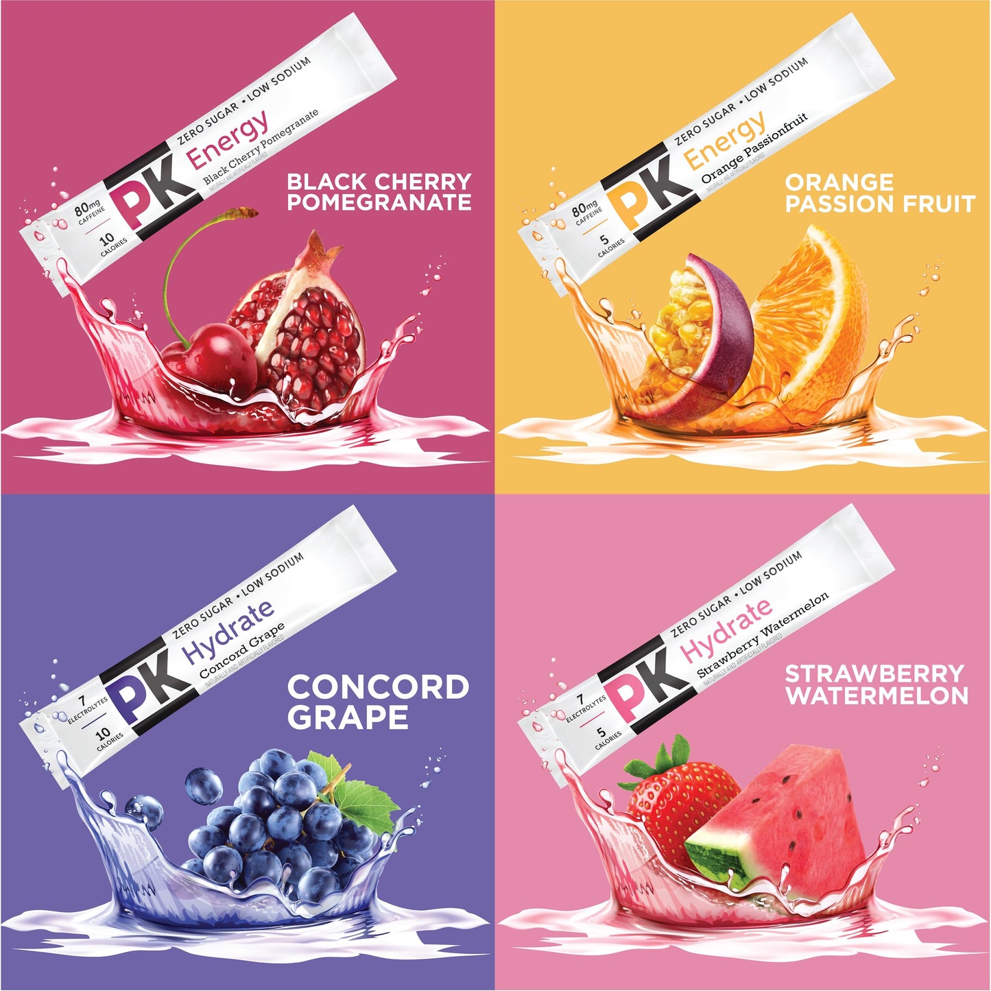 PURE KICK Energy & Hydrate Singles To Go Drink Mix Variety Pack - Black Cherry, Orange, Strawberry, Grape, 30 Count (0.11 oz each)