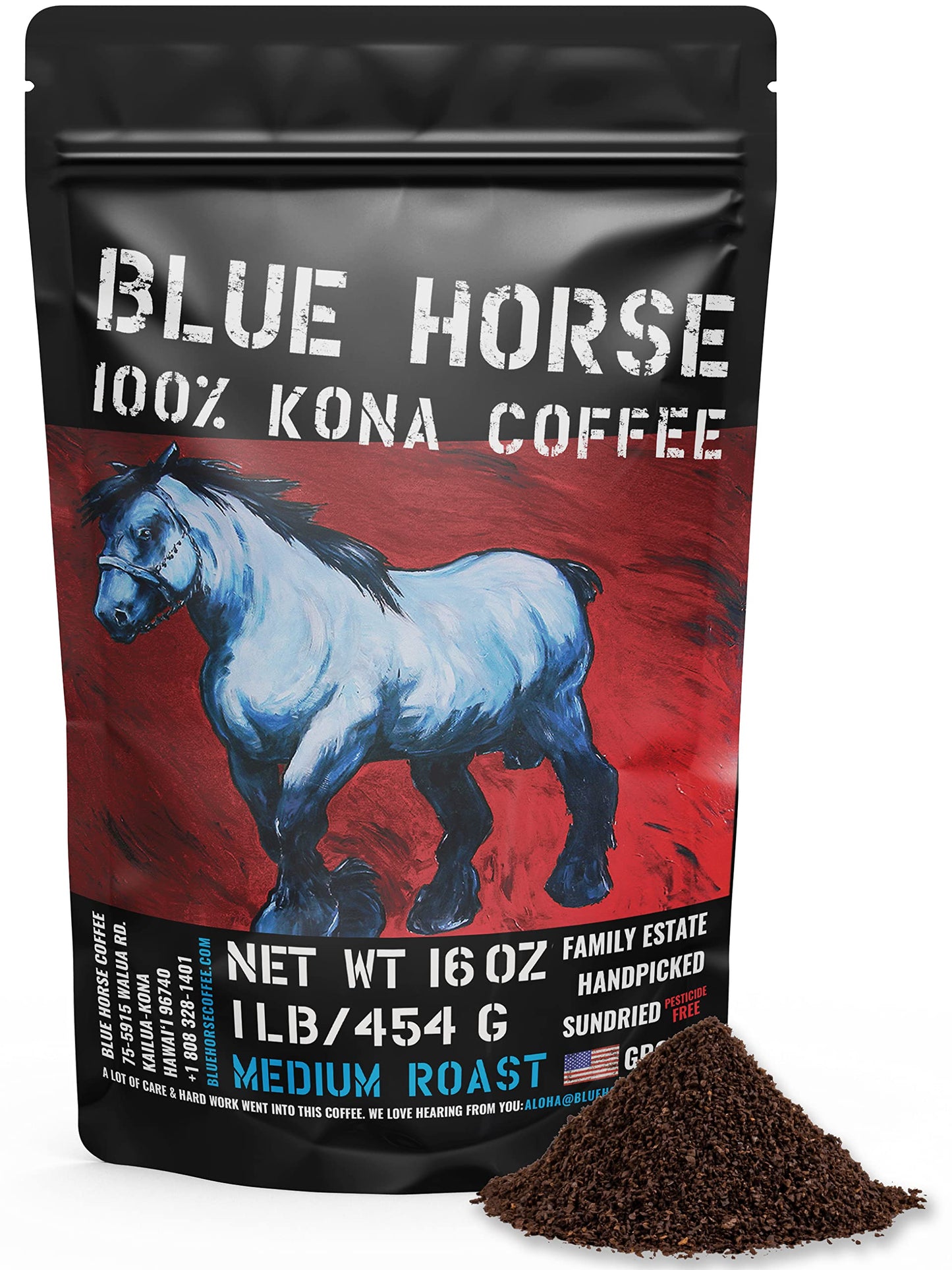Blue Horse 100% Kona Coffee (Ground)  Medium Roast Arabica coffee  16 oz (1 lb) Bag  Farm Fresh  Authentic Hawaiian Coffee from the Big Island  Smooth & Bold Flavor  Hand-Picked & Sun-Dried for Rich Aroma