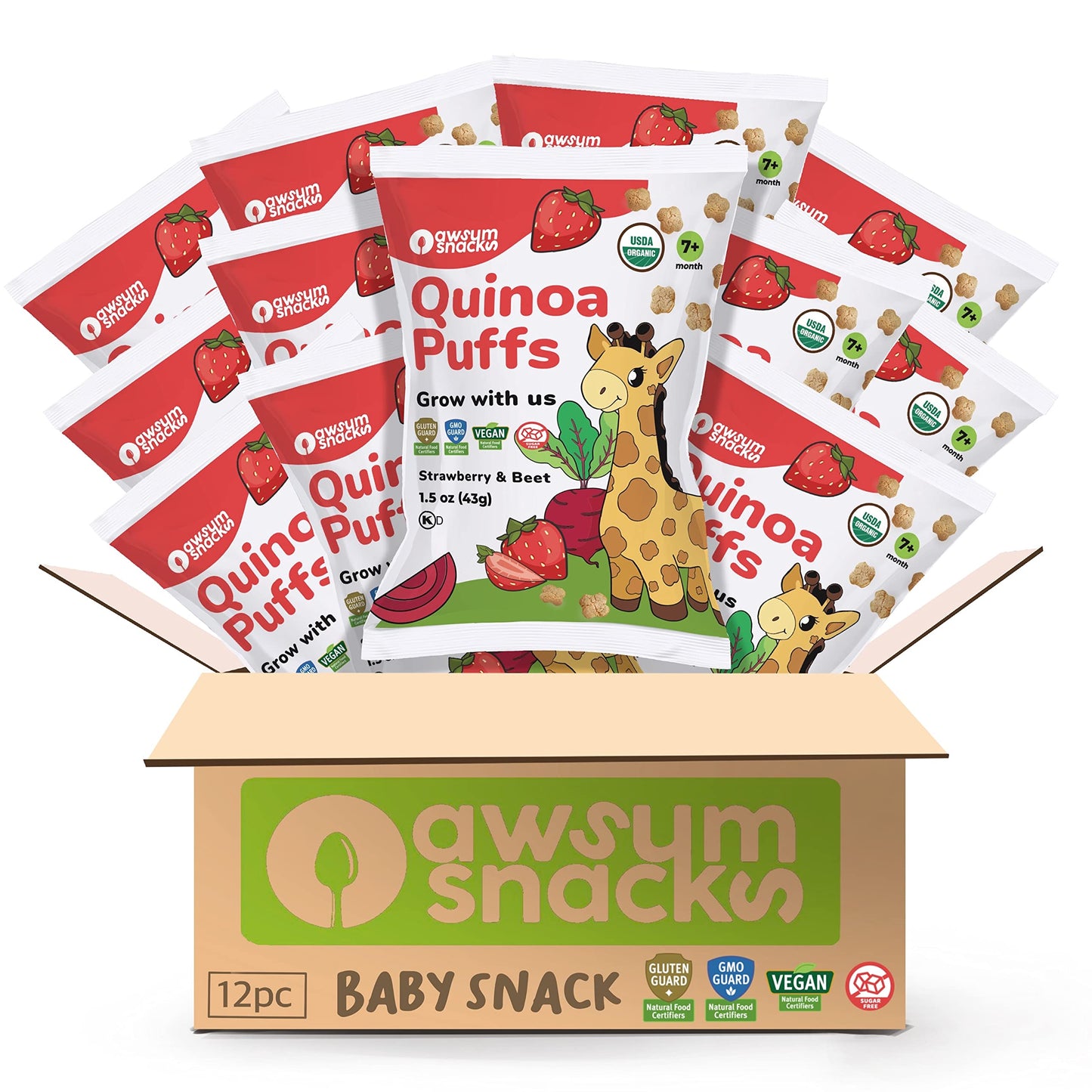 Awsum Snacks | Baby Puffs | Healthy Kids Snacks - 12 Bags - Usda Organic | Kosher | Non Gmo | Gluten Free |No Sugar (Strawberry 