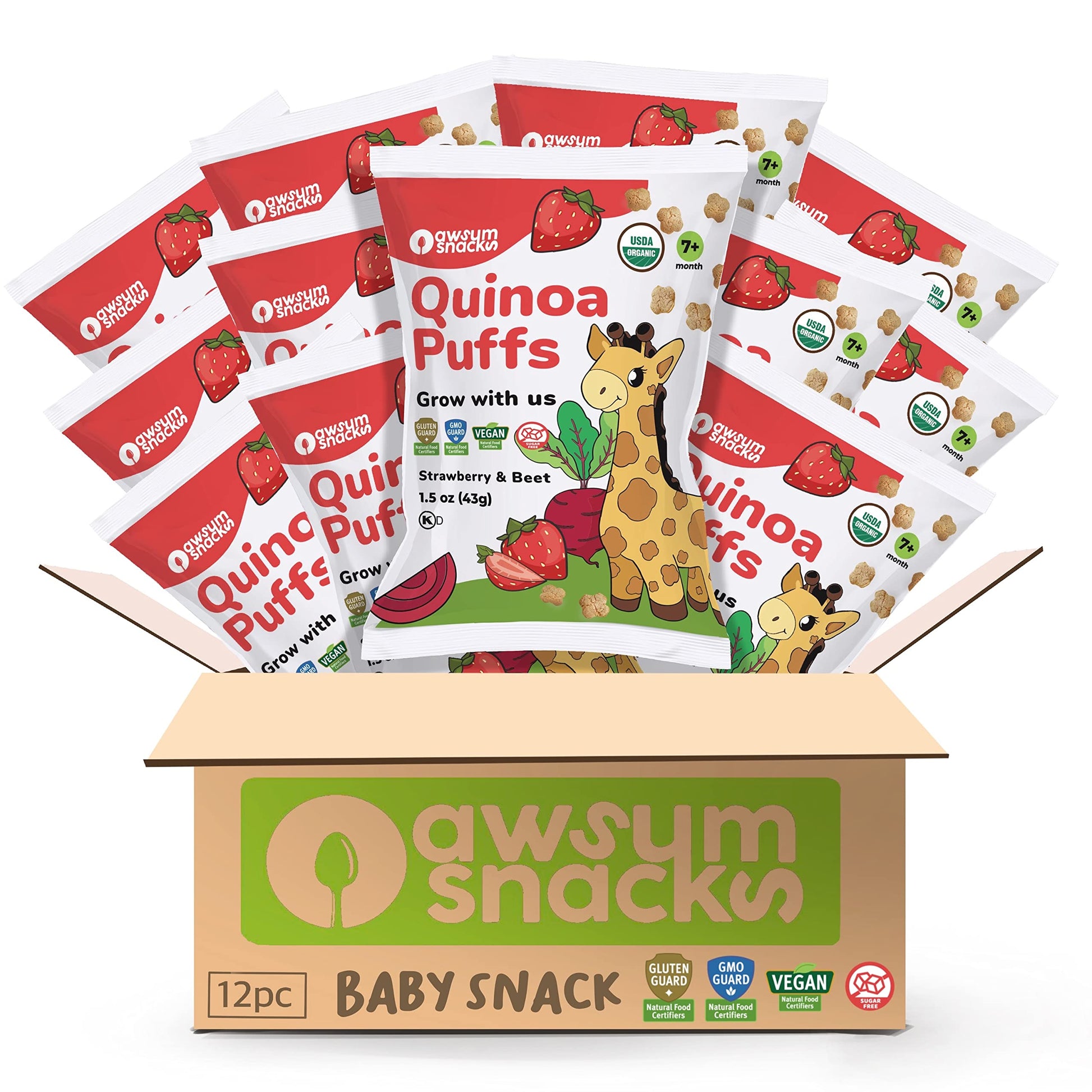 Awsum Snacks | Baby Puffs | Healthy Kids Snacks - 12 Bags - Usda Organic | Kosher | Non Gmo | Gluten Free |No Sugar (Strawberry 