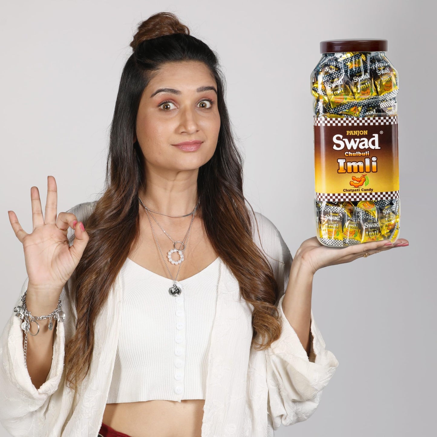 Swad Chulbuli Imli Hard Candy Jar 150 Pieces Authentic Tangy Tamarind Chatpati Candy Traditional Indian Snack Natural Ingredients Mouth Freshener Perfect Party Favor Gift