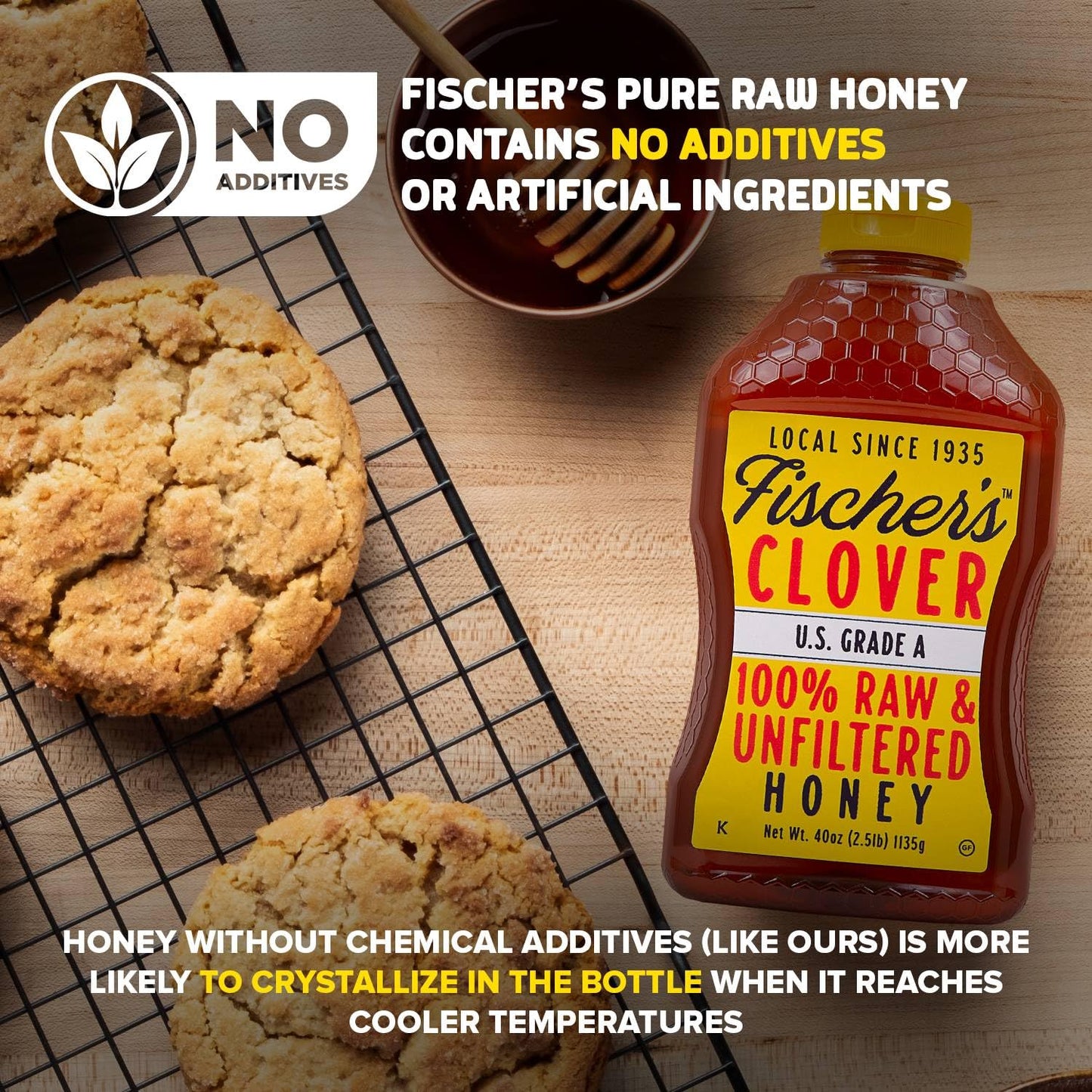 Fischers 100% Pure Clover Honey, Unfiltered Raw Honey, 40 oz Squeeze Bottle, All-Natural Sweetener