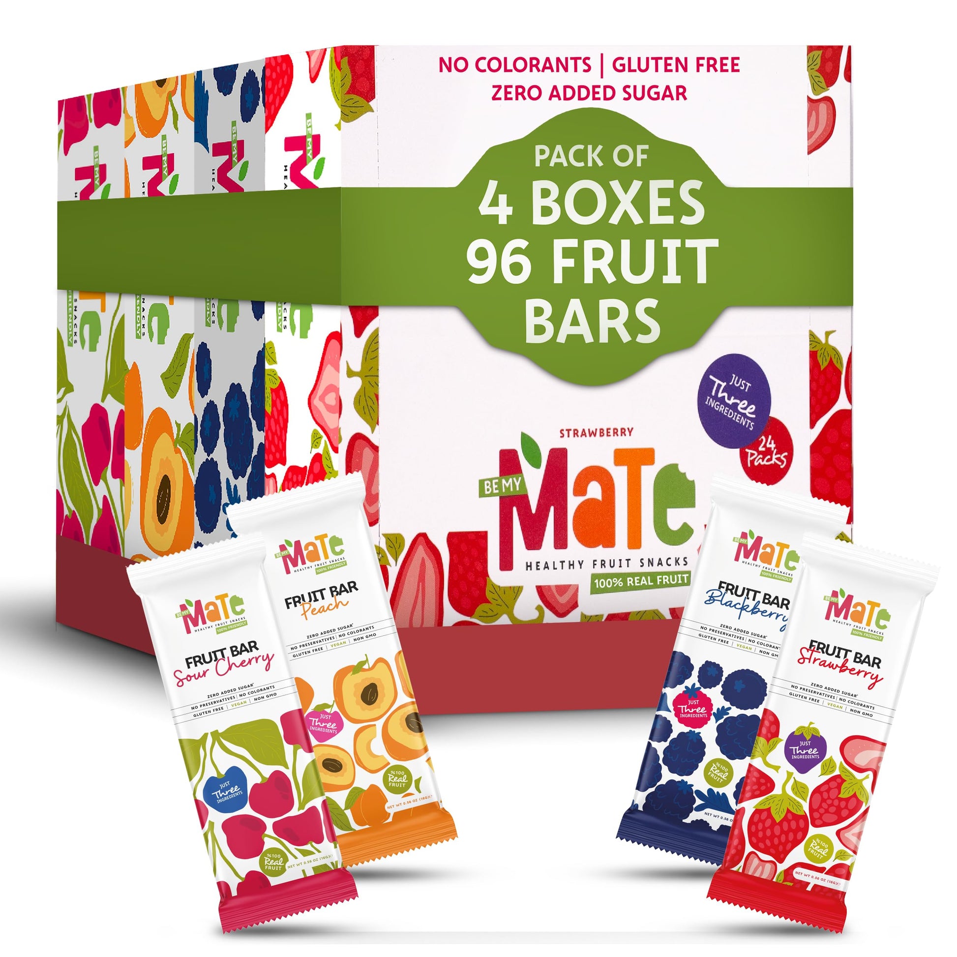 BE MY MaTe Mate Fruit Bars Variety Pack, 96 Count, 4 Flavors, Gluten Free, Vegan, Non GMO, Zero Added Sugar, 19.61 x 18.90 x