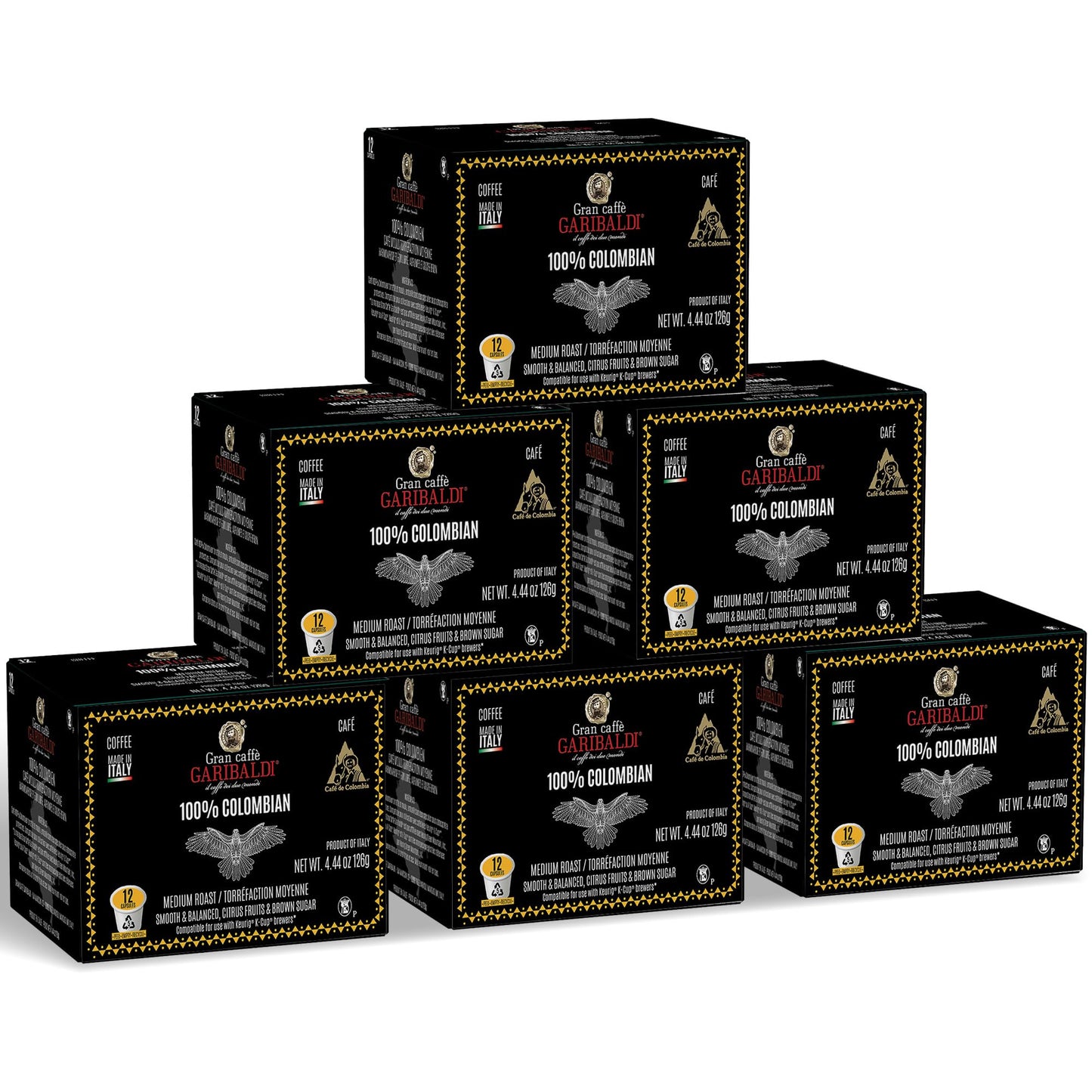 Caffè Garibaldi Colombian Coffee Pods, Medium Roast, 100% Arabica, 72 Count, Compatible with Keurig K-Cup Brewers