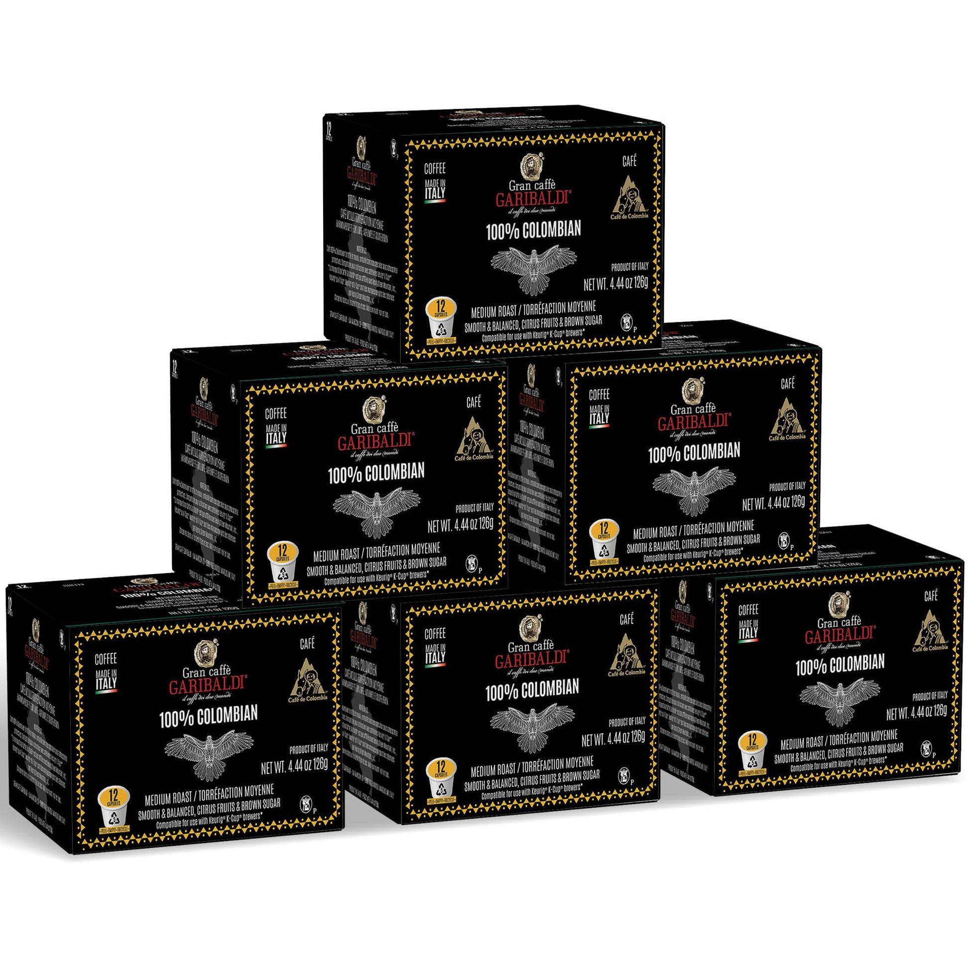 Caffè Garibaldi Colombian Coffee Pods, Medium Roast, 100% Arabica, 72 Count, Compatible with Keurig K-Cup Brewers