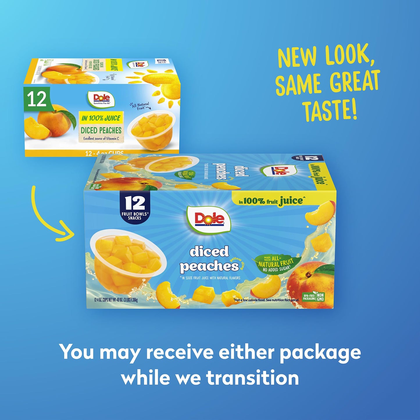 Dole Fruit Bowls Diced Peaches in 100% Juice Snacks, 4oz 12 Total Cups, Gluten & Dairy Free, Bulk Lunch Snacks for Kids & Adults