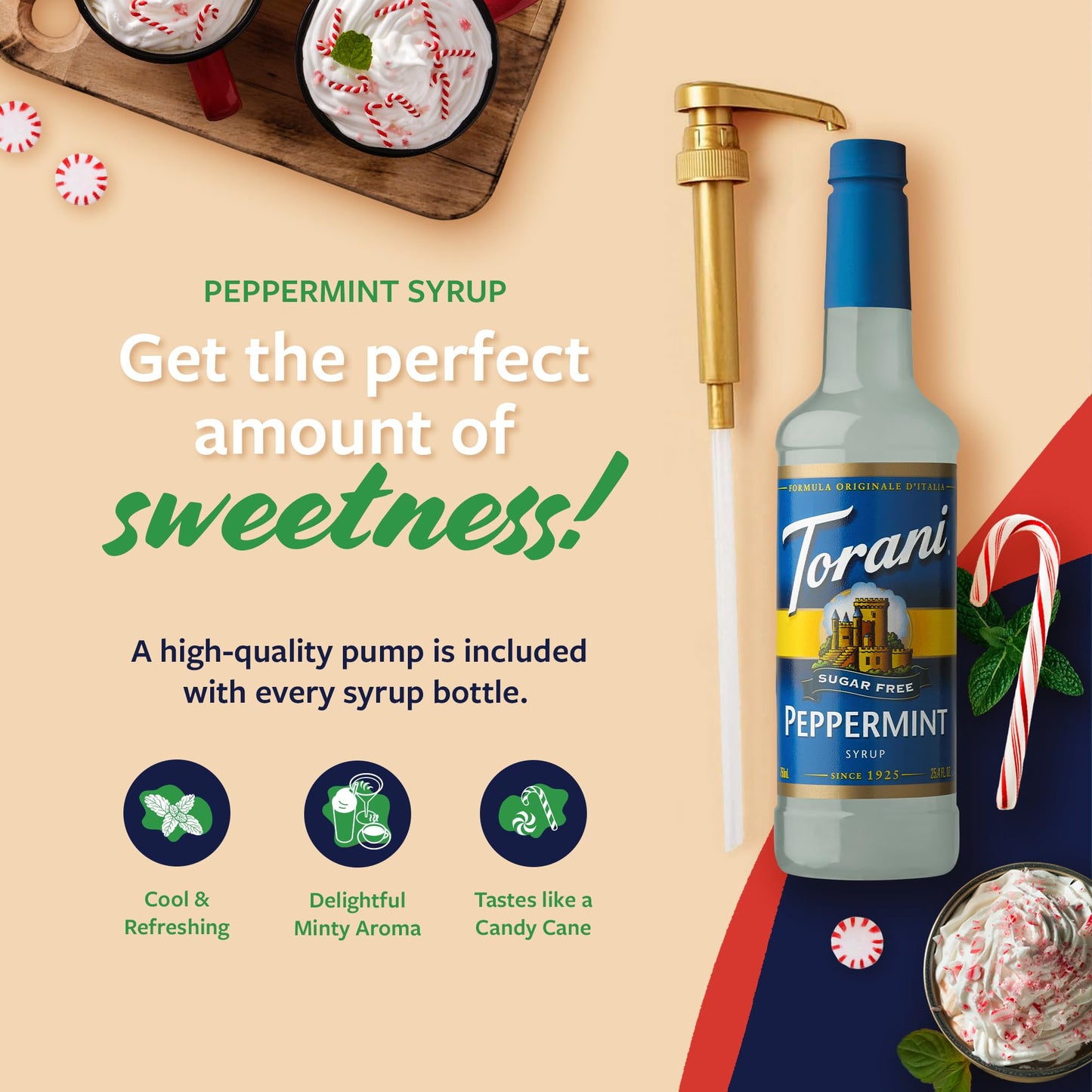 Torani Sugar Free Peppermint Coffee Syrup, Flavored Syrup For Drinks, Zero Calorie, Pump Included, 25.4 Fl Oz