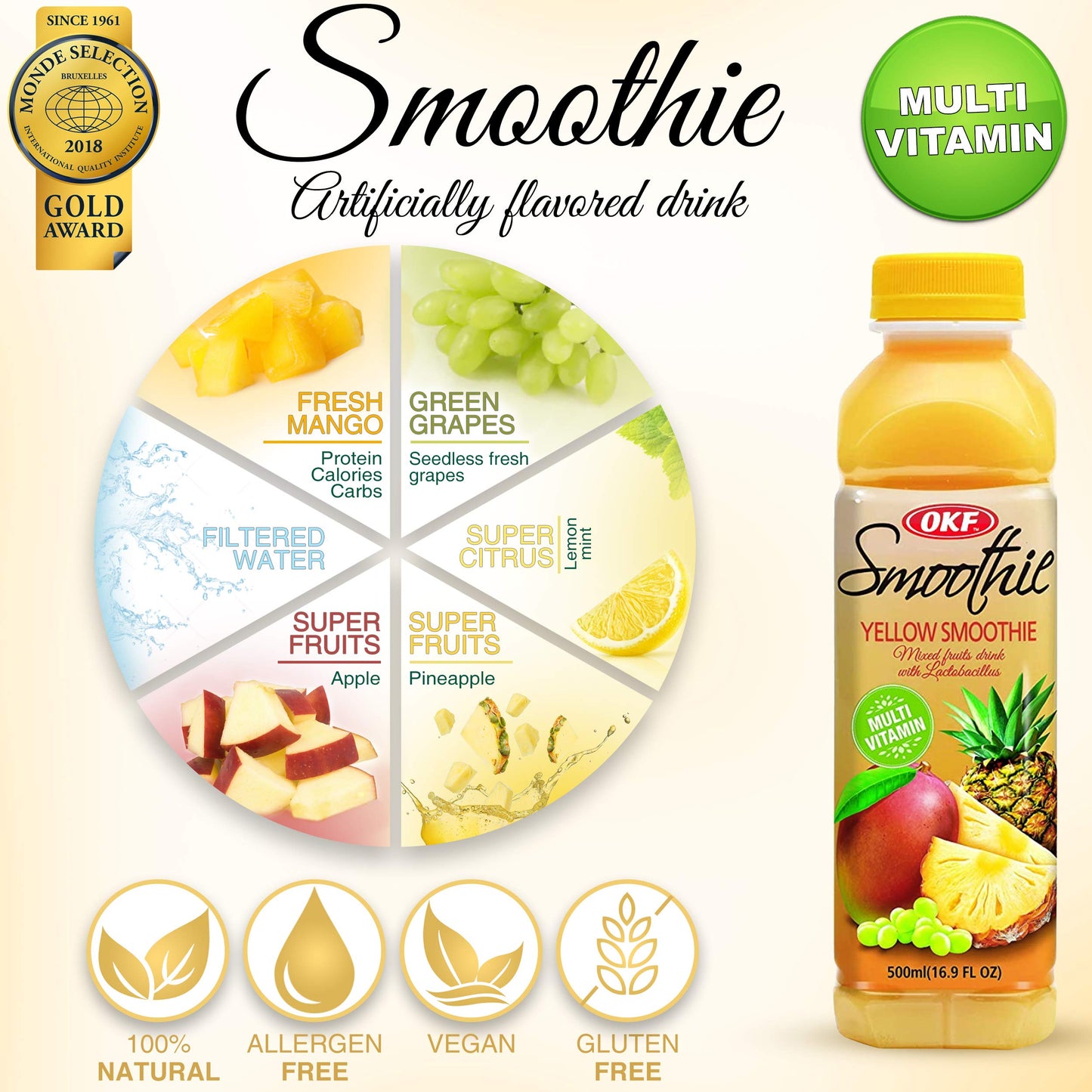 OKF Smoothie, Multi Vitamin Drink, 16.9 Fl Oz, Pack of 10, Yellow