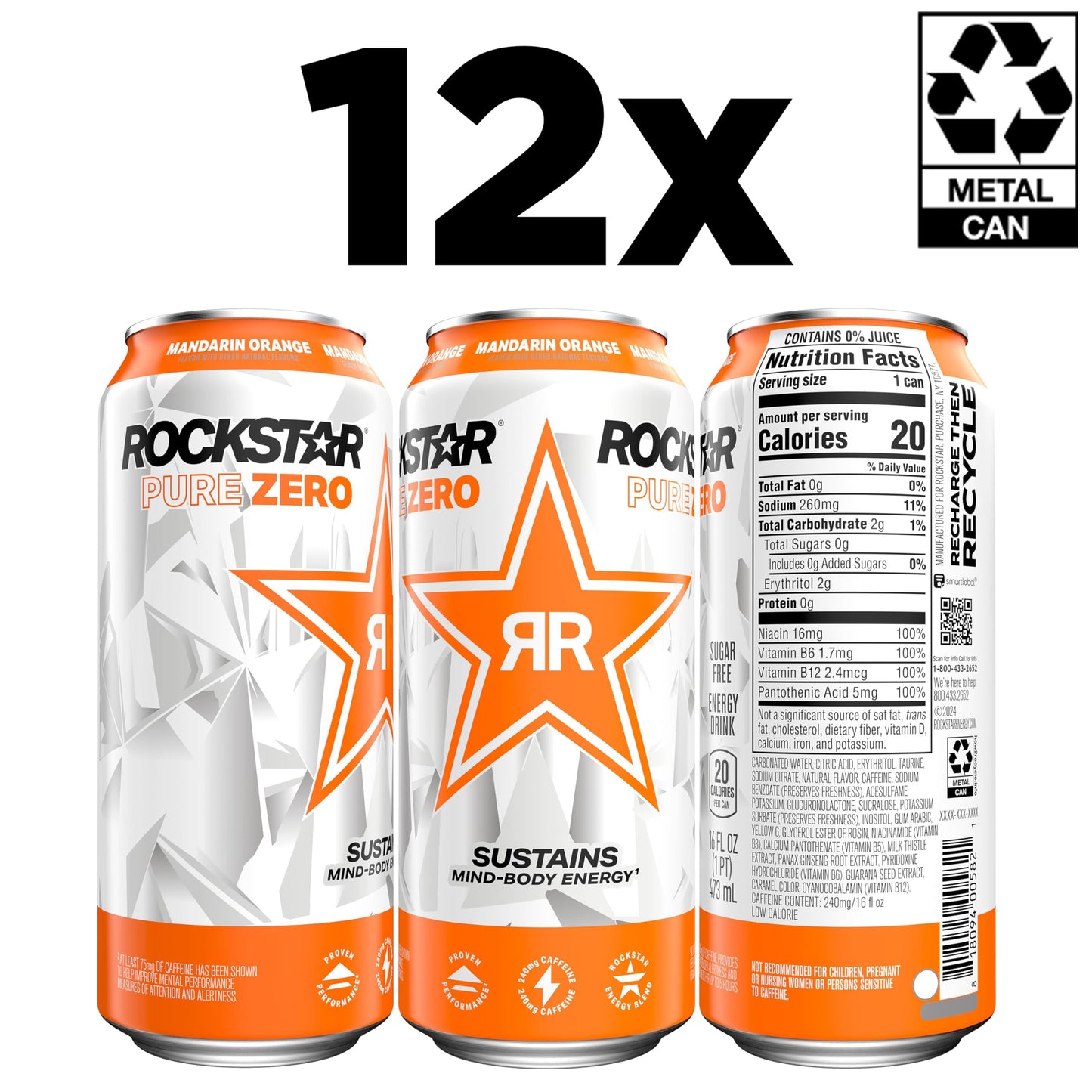 Rockstar Pure Zero Energy Drink, Orange, 0 Sugar, Caffeine & Taurine, 16oz Cans, 12 Pack