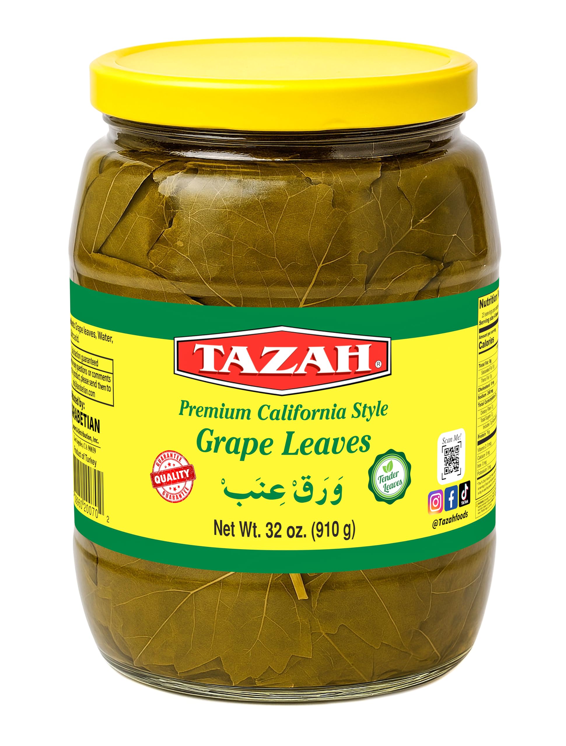 TAZAH Turkish Grape Leaves in Jar, Vegan, Perfect for Dolmas, 32oz (Drained 16oz)
