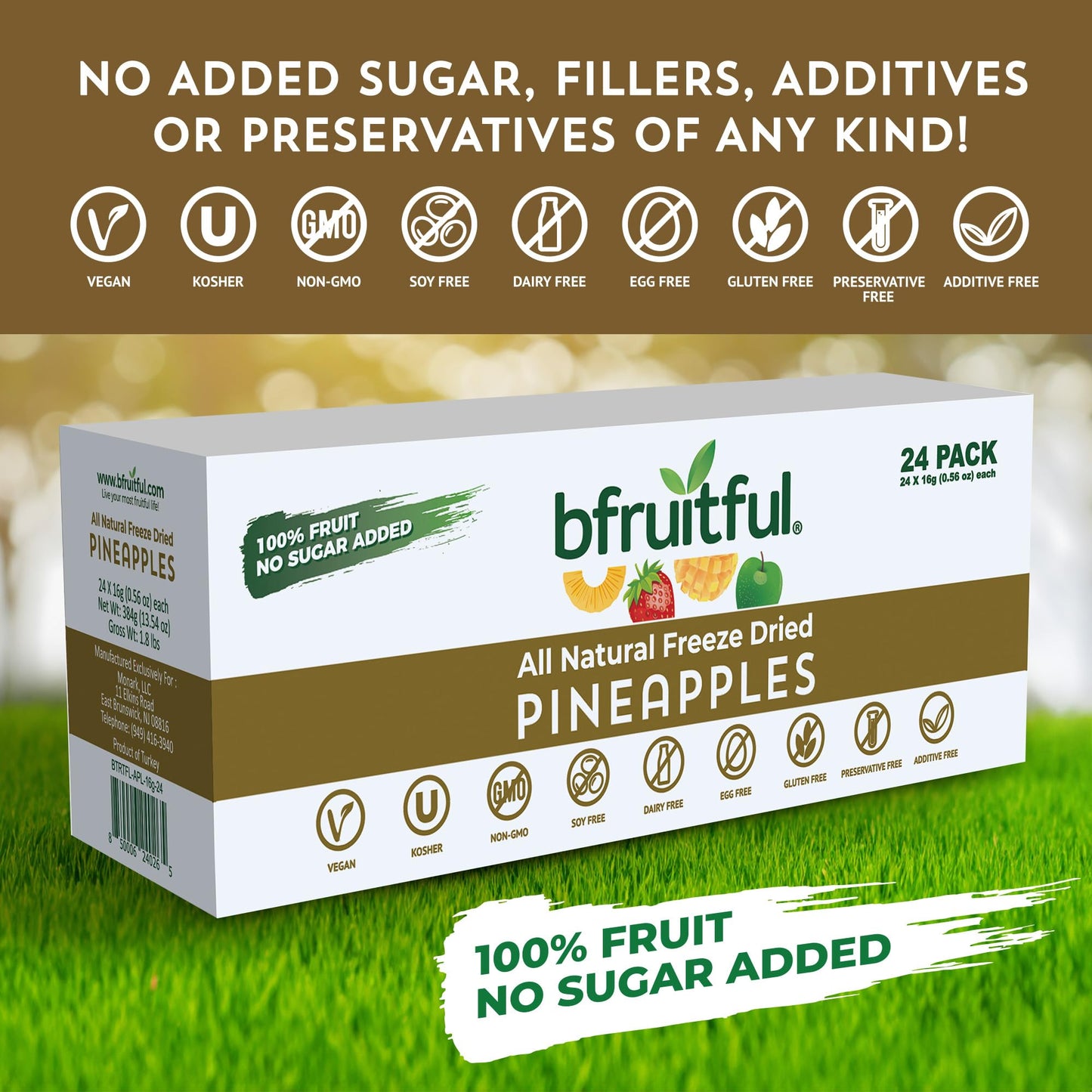 Bfruitful Freeze-Dried Pineapple, Freeze Dried Fresh Fruit Bites, Gluten Free, Vegan, Dairy Free, Kosher, No Sugar Added, Non Gm