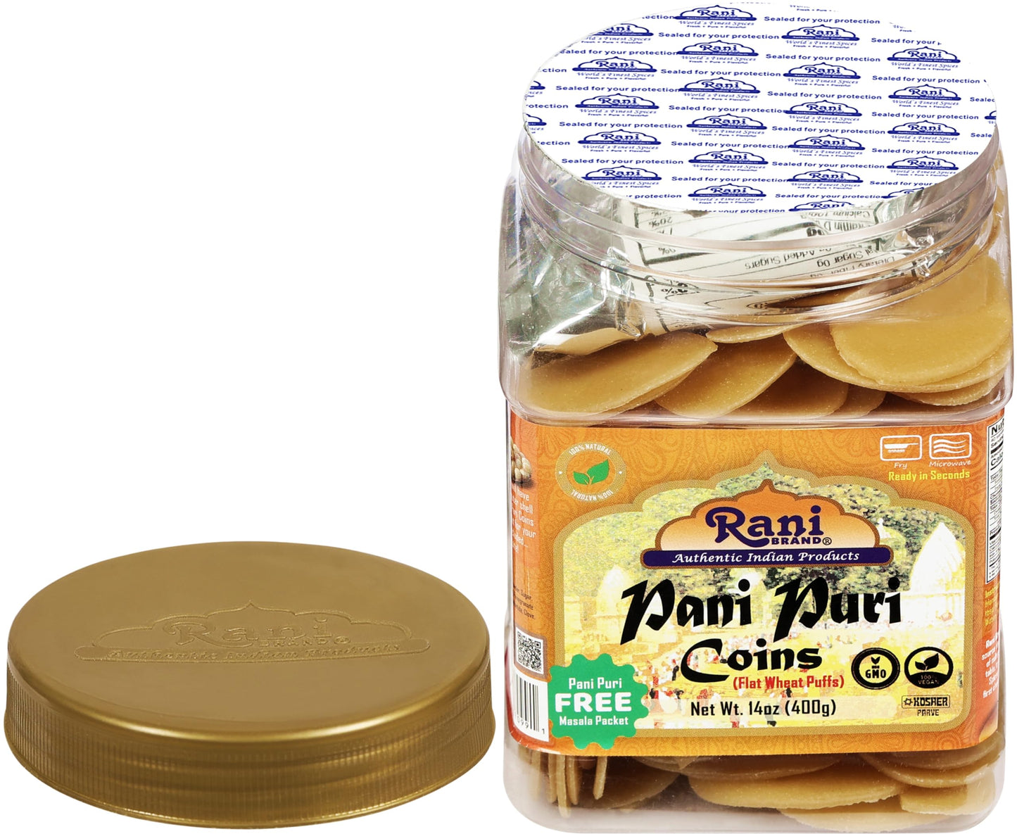 Rani Pani Puri Coins (Uncooked, Microwaveable Wheat Semolina Coins) 14oz (400g) w/Pani Puri Masala (14-Spice Blend for Indian Sp