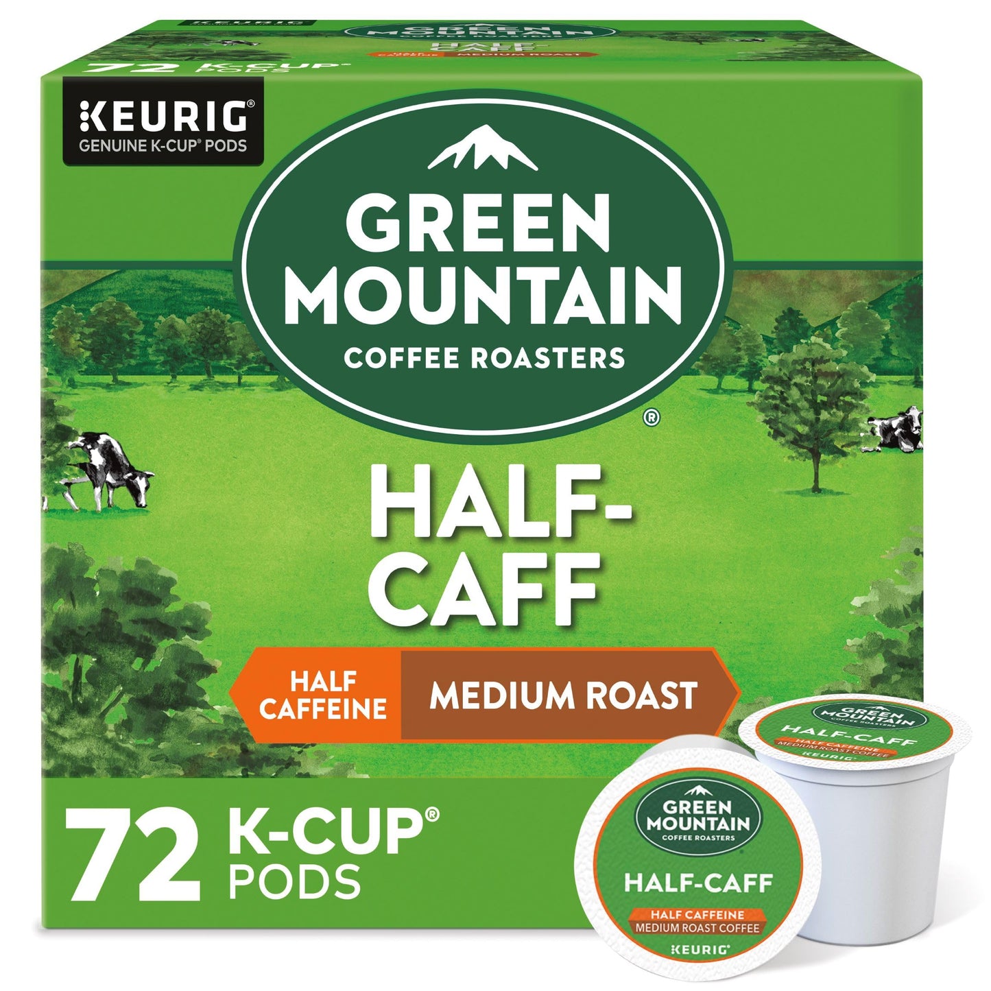 Green Mountain Coffee Roasters Half Caff K-Cup Pods, Medium Roast, 72 Count, Green, Model 5000054102