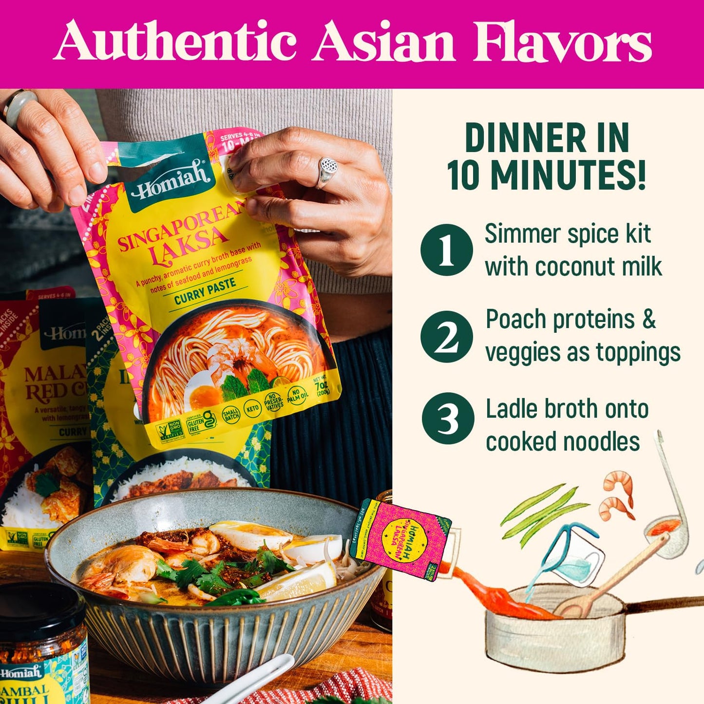 Homiah Laksa Curry Paste (Value 3 Pack X 7 Oz) - Gluten Free, Non-Gmo Malaysian Curry Paste - Laksa Curry Paste, Thai Essentials