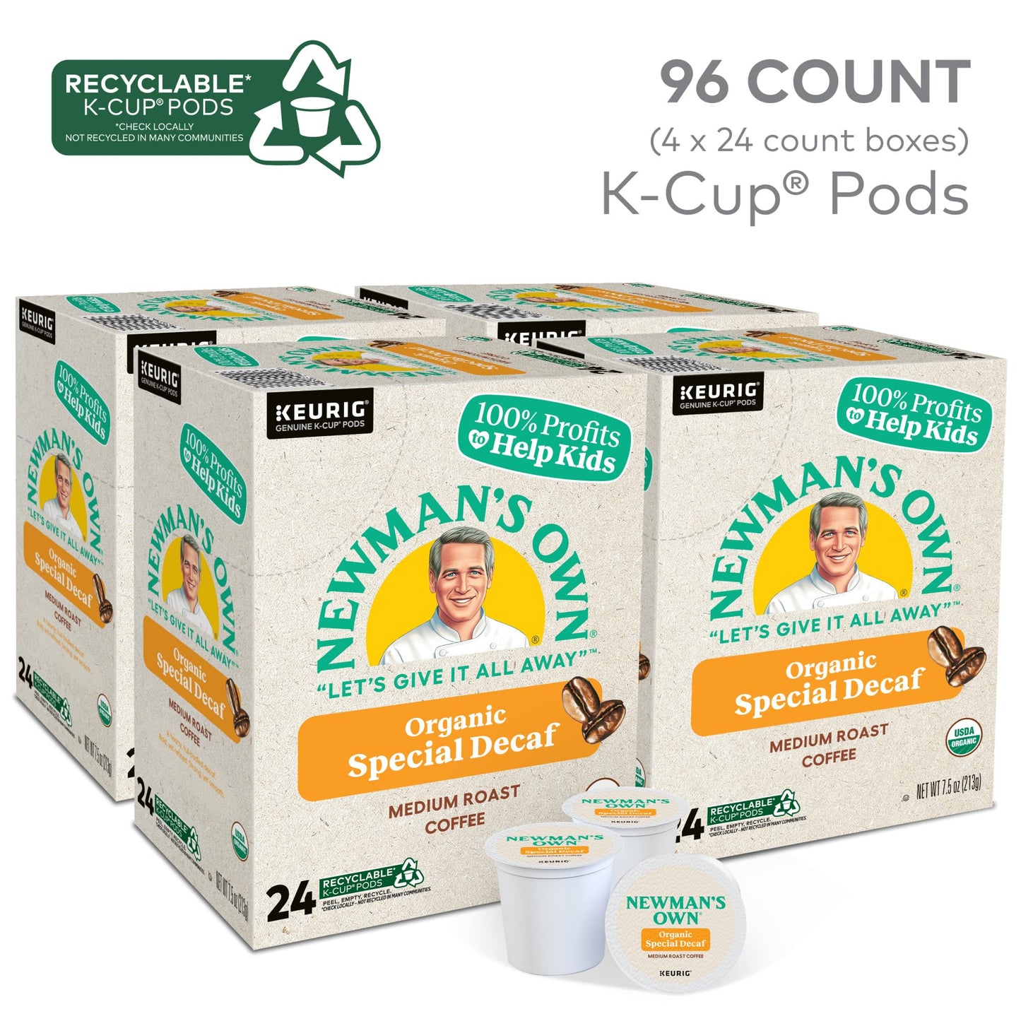 Newmans Own Organics Decaf Coffee K-Cup Pods, Medium Roast, 96 Count (4 Packs of 24)