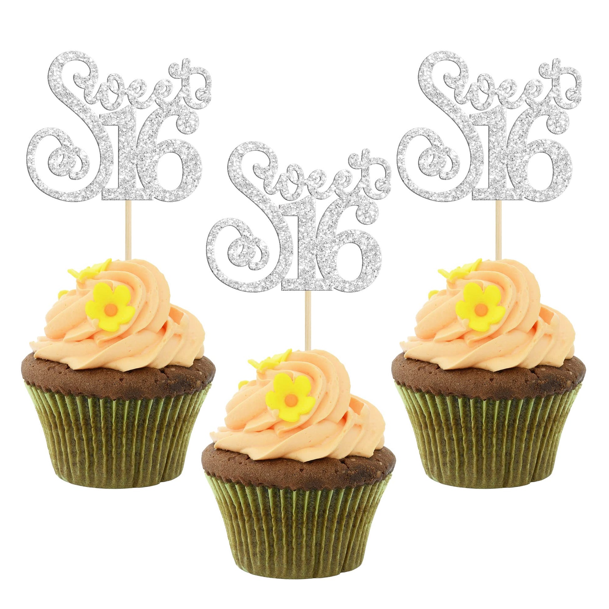 Gyufise 24 Pack Happy Sweet 16 Cupcake Toppers Glitter Sixteen 16Th Birthday Cupcake Picks Cheers To 16 Years Old Cupcake Decora