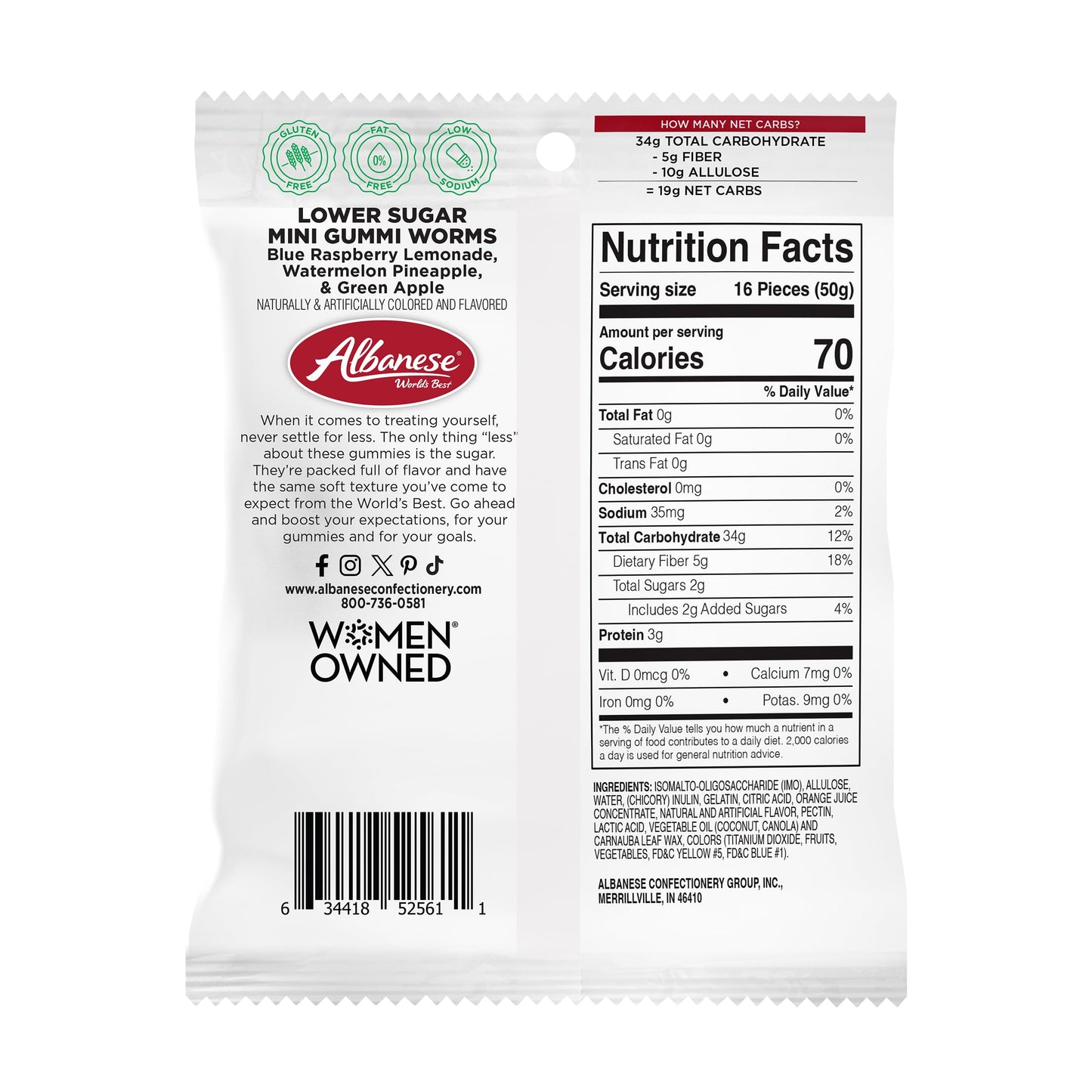 Albanese World'S Best Lower Sugar, Gluten Free Mini Gummi Worms, 1.76Oz Bag (Pack Of 12), Individually Wrapped Soft & Chewy Cand