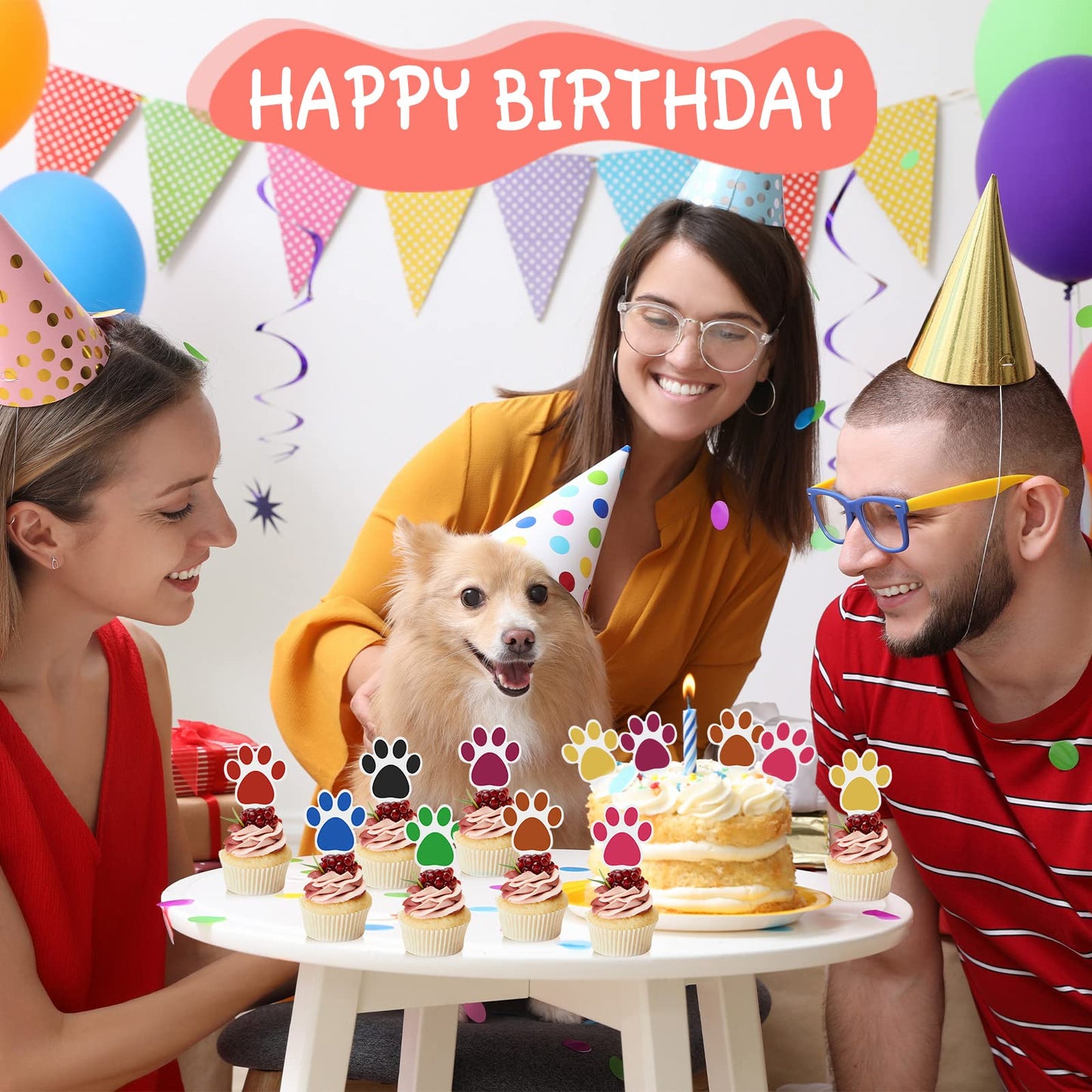 Weecent 48 Pcs Paw Cake Topper - 8 Color Paw Print Cupcake Topper Dog Birthday Party Supplies Dog Cupcake Toppers Pet Puppy Dog