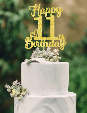11th Birthday Cake Topper - Double Sided Gold Glitter, Happy 11th birthday Cake decorations for girls,11 Cake Topper For girls, 