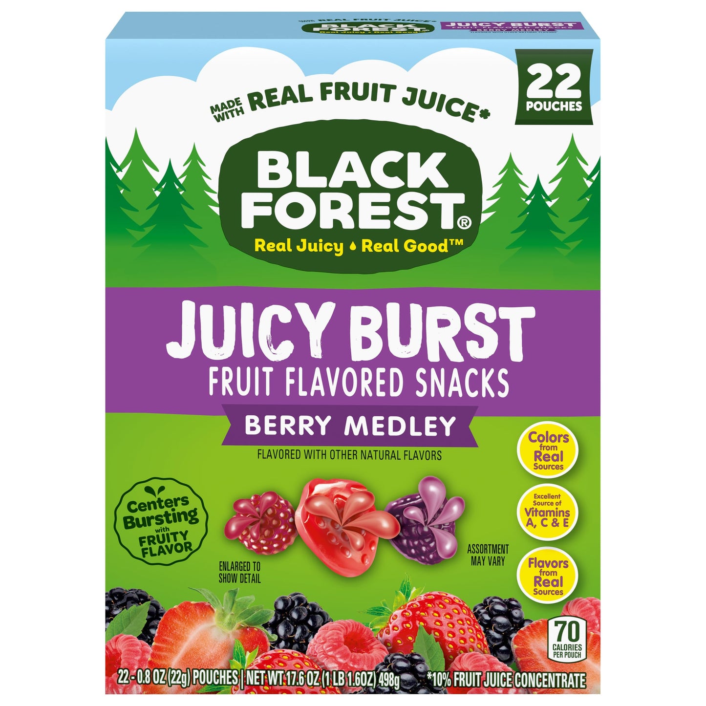 Black Forest Juicy Burst Fruit Snacks, Berry Medley, 0.8 Ounce Pouches, 22 Count