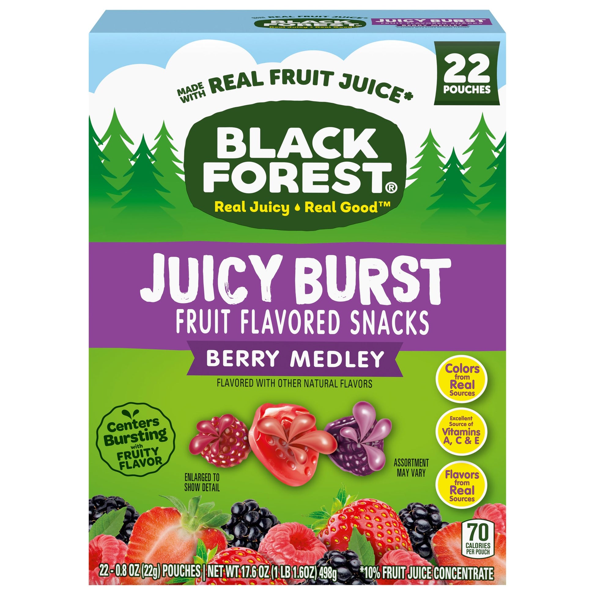 Black Forest Juicy Burst Fruit Snacks, Berry Medley, 0.8 Ounce Pouches, 22 Count