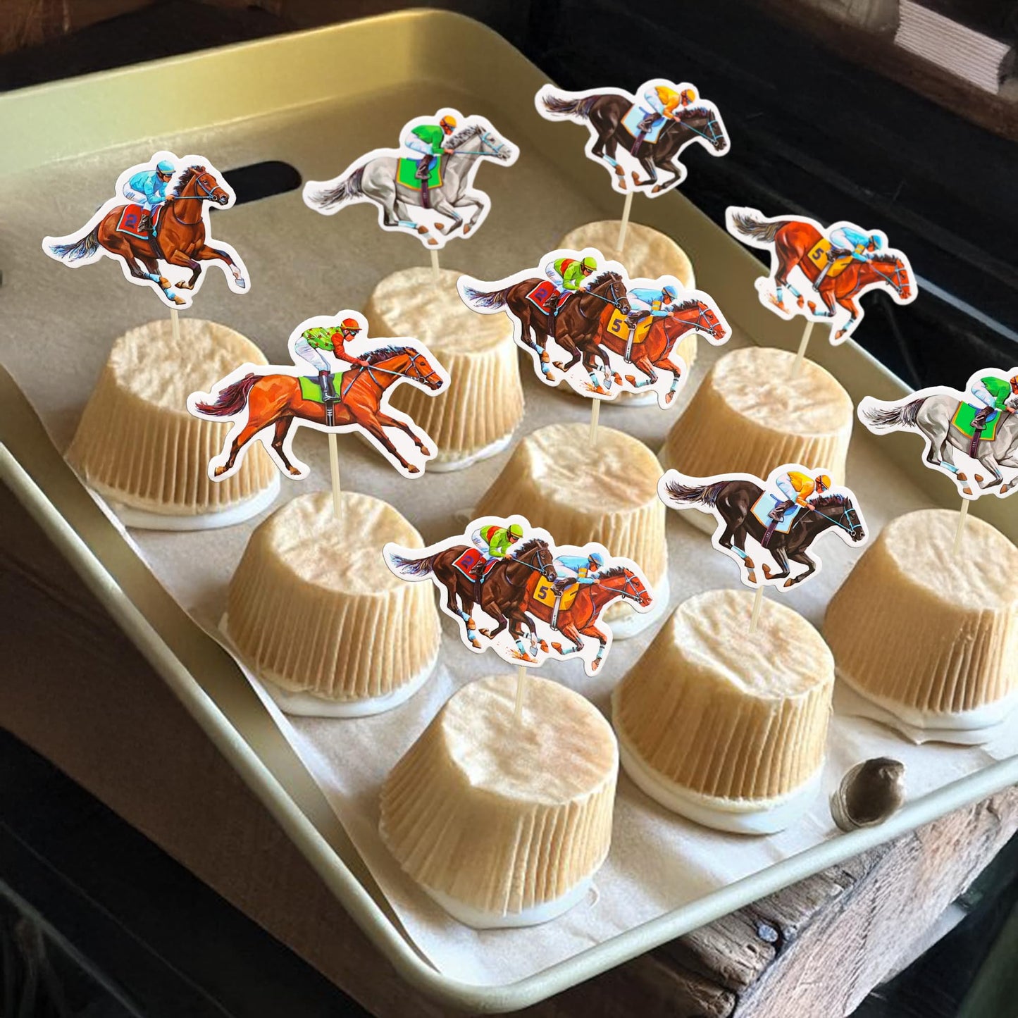 Ephlyn Horse Racing Cupcake Toppers, 36Pcs, Brown/White/Pink/Red, 2.4W x 3.9H, Kentucky Derby Party Supplies