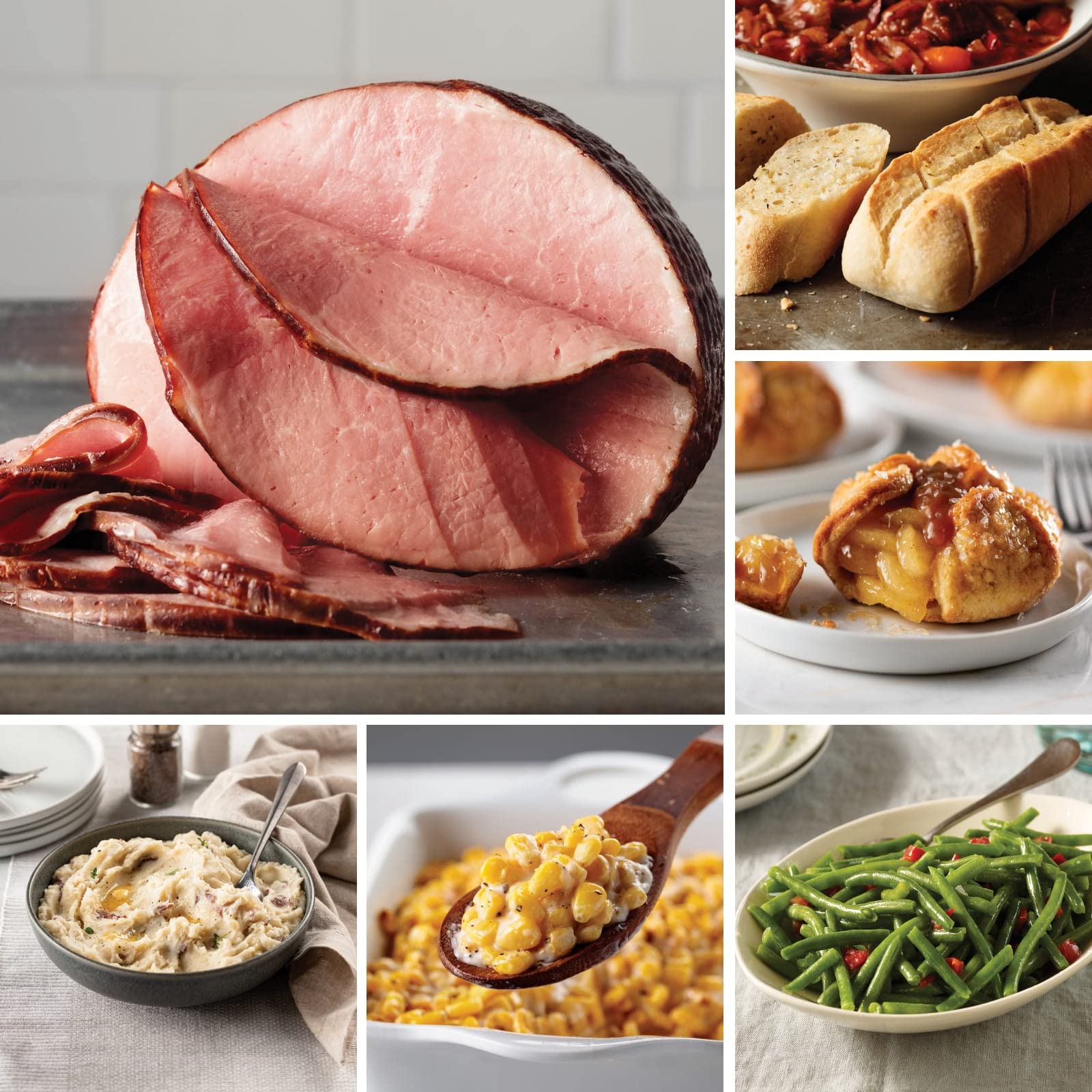 Omaha Steaks Duroc Ham Holiday Dinner with Smashed Potatoes, Creamed Corn, Green Beans, Tartlets & Baguettes, Serves 6, 2.5