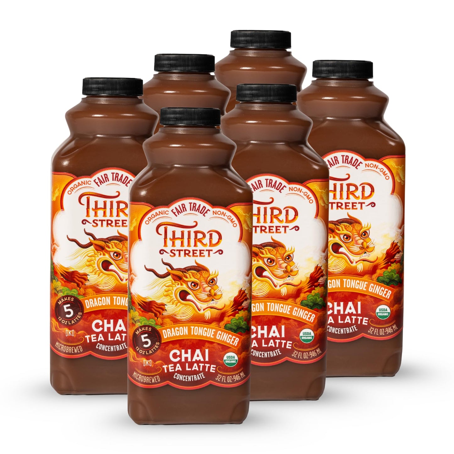 Third Street Chai Organic Dragon Tongue Ginger Chai Concentrate, 32 Fl Oz, Black Tea Latte, Vegan, Gluten Free, Kosher, Non-GMO