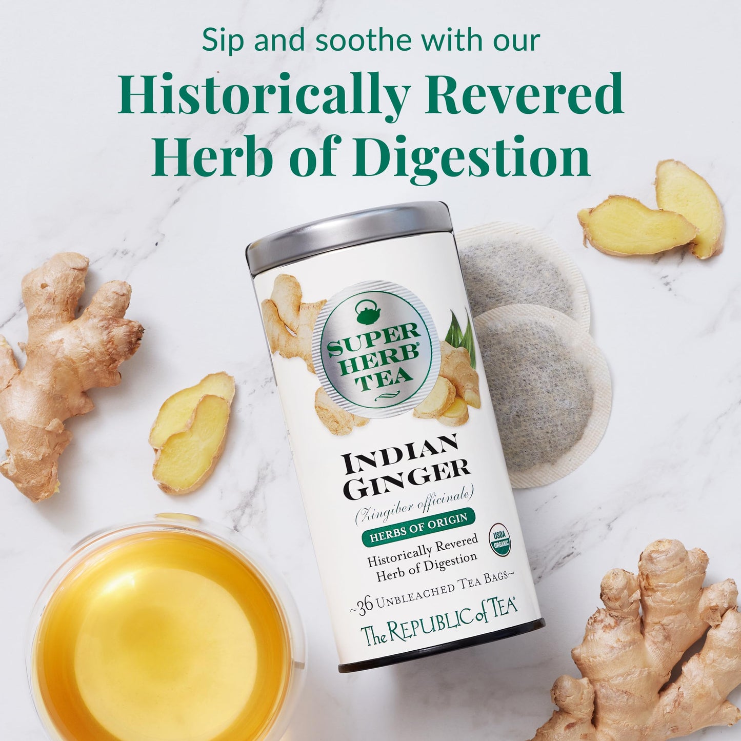 The Republic of Tea Organic Indian Ginger SuperHerb Tea, 250 Herbal Tea Bags, Caffeine-Free