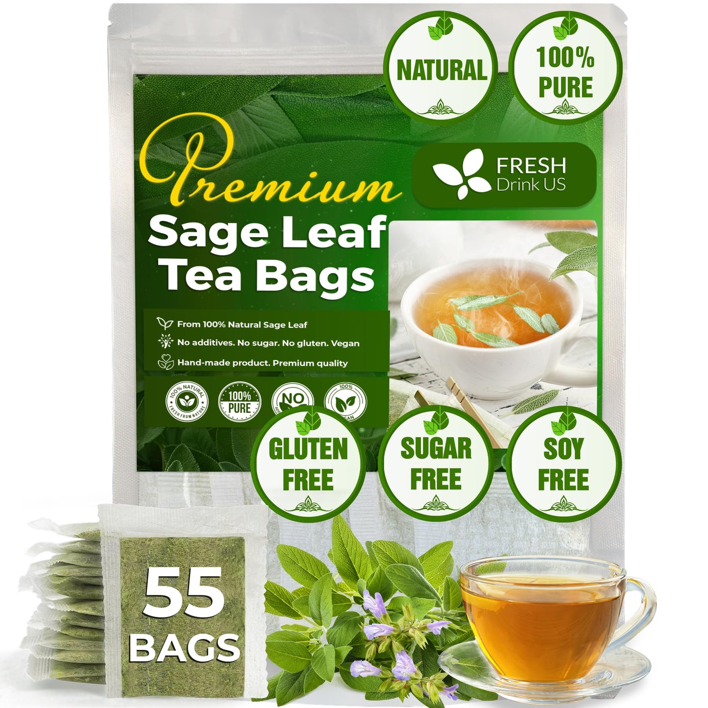 FRESHDRINKUS Sage Leaf Herbal Tea Bags, 100% Natural, Caffeine-Free, Vegan, 55 Count
