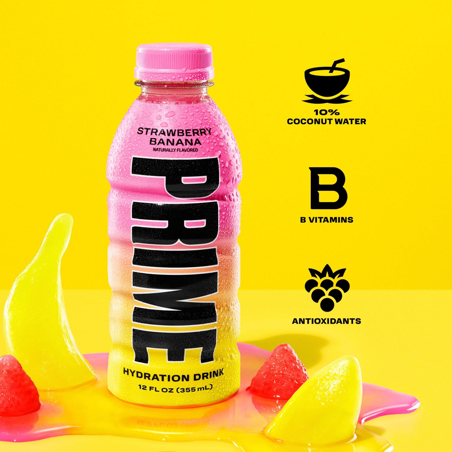 PRIME HYDRATION Variety - ICE POP  Strawberry Banana  Lemonade  Sports Drinks  Electrolyte Enhanced for Ultimate Hydration  250mg BCAAs  B Vitamins  Antioxidants  Low Sugar  12 Fl Oz  15 Pack