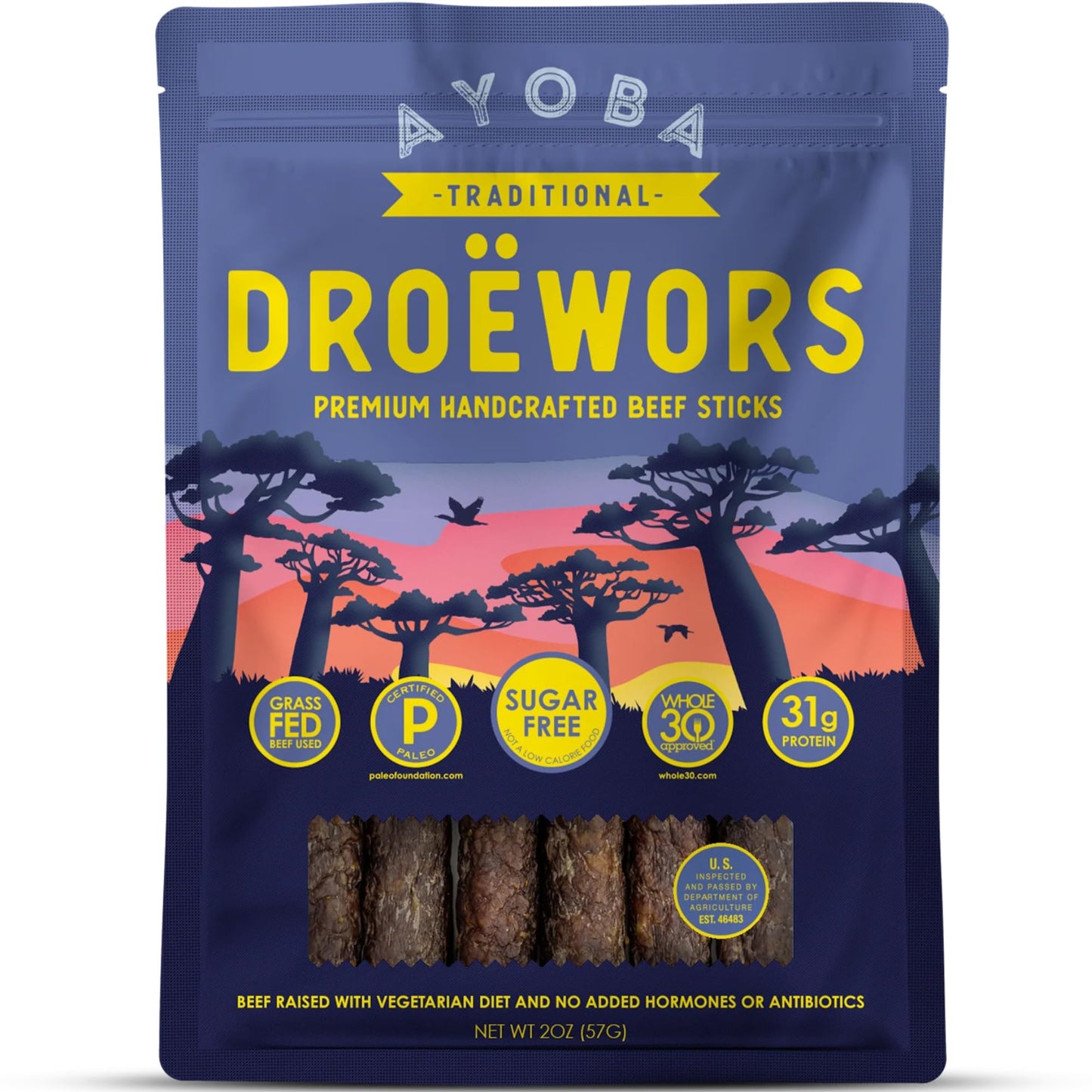Ayoba Traditional Droewors Grass Fed Beef Paleo Sticks (2 Ounce  Pack Of 8) - Keto Friendly  Air-Dried Beef Protein Snacks - Low Carb  Gluten Free  Nitrate Free  No Sugar  Meat Snacks
