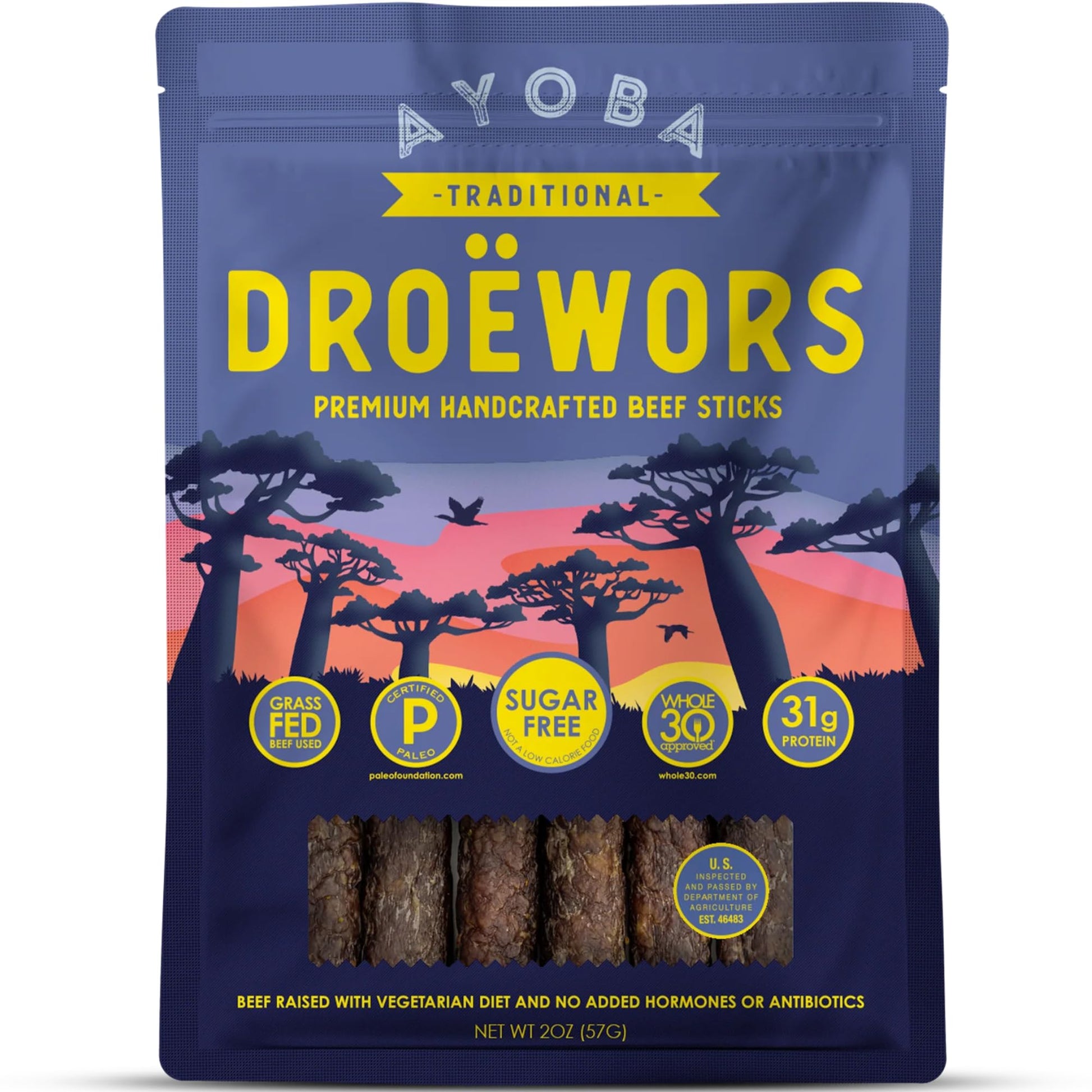Ayoba Traditional Droewors Grass Fed Beef Paleo Sticks (2 Ounce  Pack Of 8) - Keto Friendly  Air-Dried Beef Protein Snacks - Low Carb  Gluten Free  Nitrate Free  No Sugar  Meat Snacks
