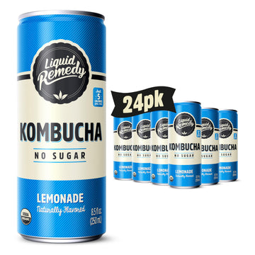 Liquid Remedy Kombucha Sugar Free Organic Drink, Low Calorie, Probiotic Like Tea for Gut Health - Lemonade - 8.5 Fl Oz Can, 24-P