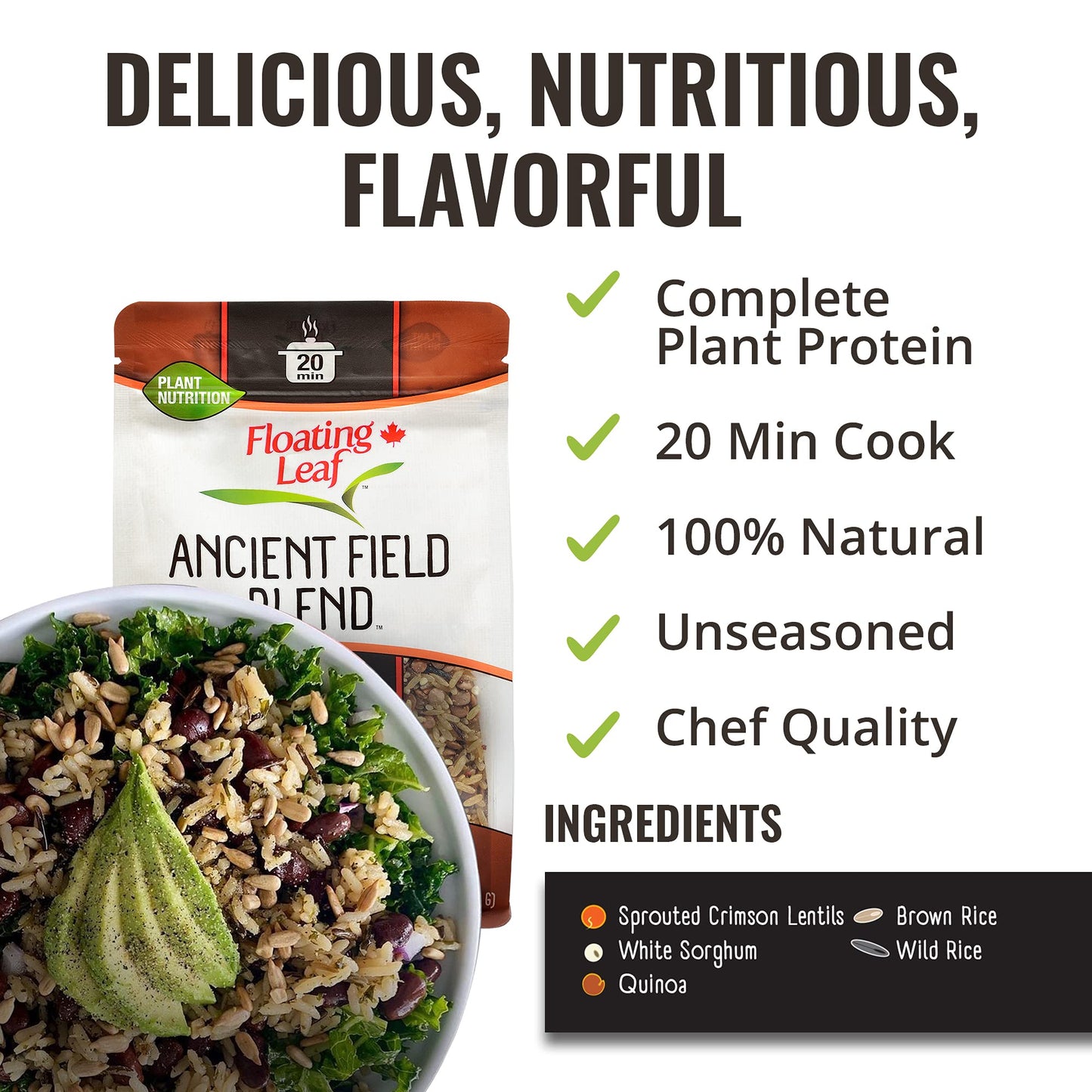 1 Pack X 14 Ounces Ancient Field Blend, Wild Rice Blend With Sprouted Crimson Lentils, White Sorghum Grain, Quinoa And Brown Rice, Non Gluten, Non-Gmo, Kosher And Vegan - Floating Leaf