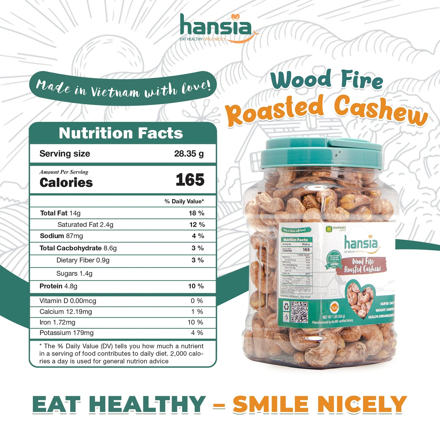 Hansia Wood Fire Roasted Cashew Snack, Oil-free, Whole Roasted, 1 Pound Pack