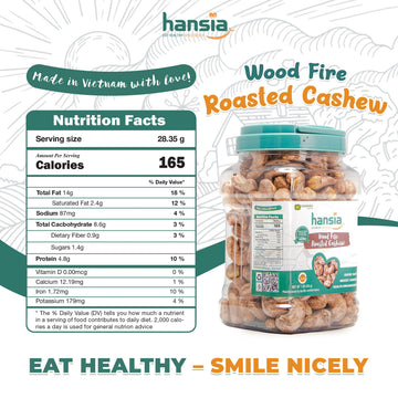 Hansia Wood Fire Roasted Cashew Snack, Oil-free, Whole Roasted, 1 Pound Pack